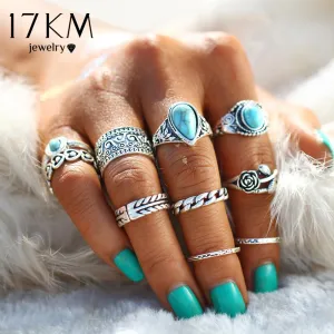 17KM 2 Color Rose Heart Midi Ring Sets Boho Beach Anillos Vintage Tibetan Flower Knuckle Rings for Women Man 2017 Punk Jewellery
