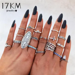 17KM Vintage Midi Knuckle Shield Ring Sets For Women Bohemian Antique Silver Color Leaf Stone Anillos Fashion Statement Jewelry