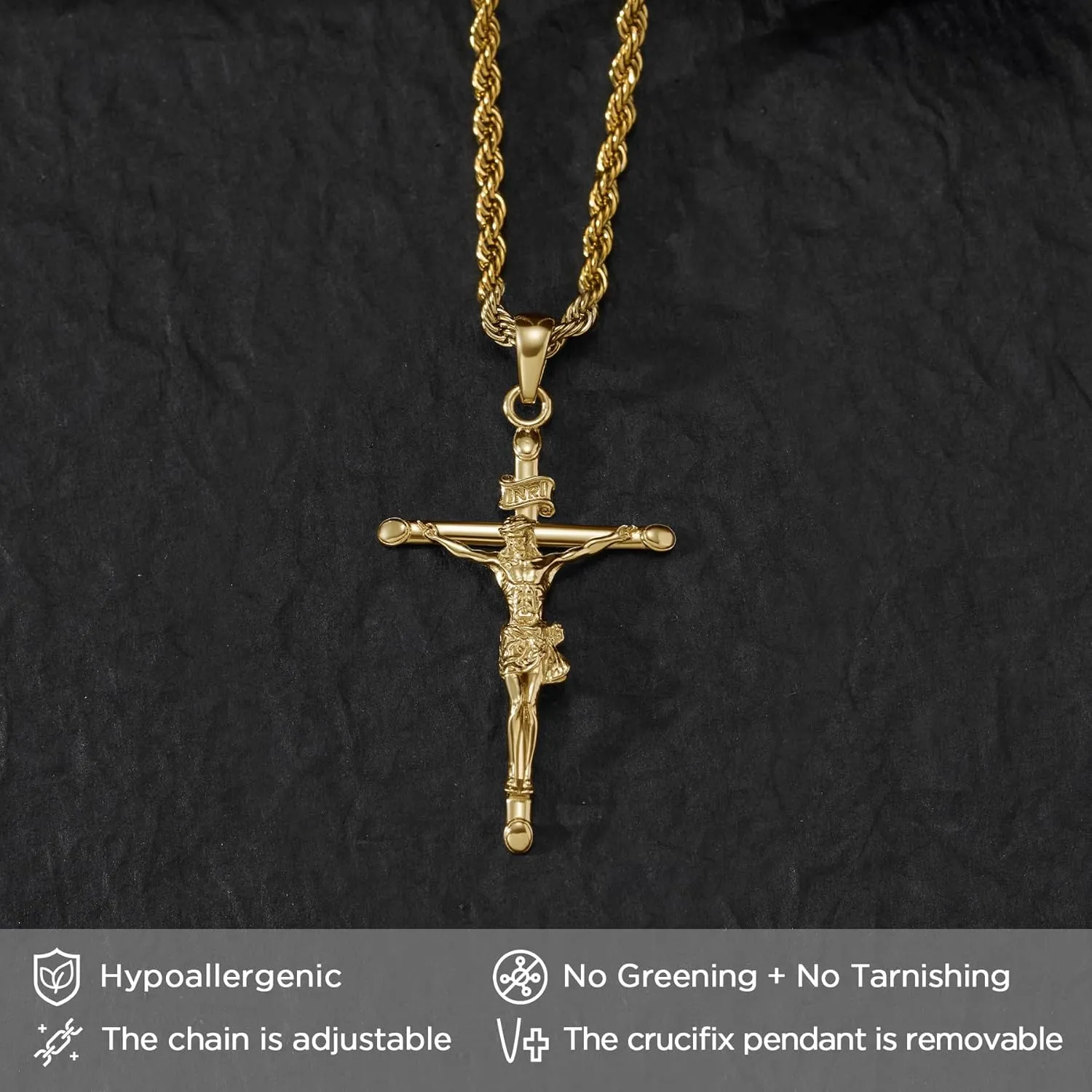18K Gold over S925 Crucifix Necklace for Men with Rope/Cuban Chain, Catholic Jesus Cross Pendant, Men's Religious Gift for Easter Christmas