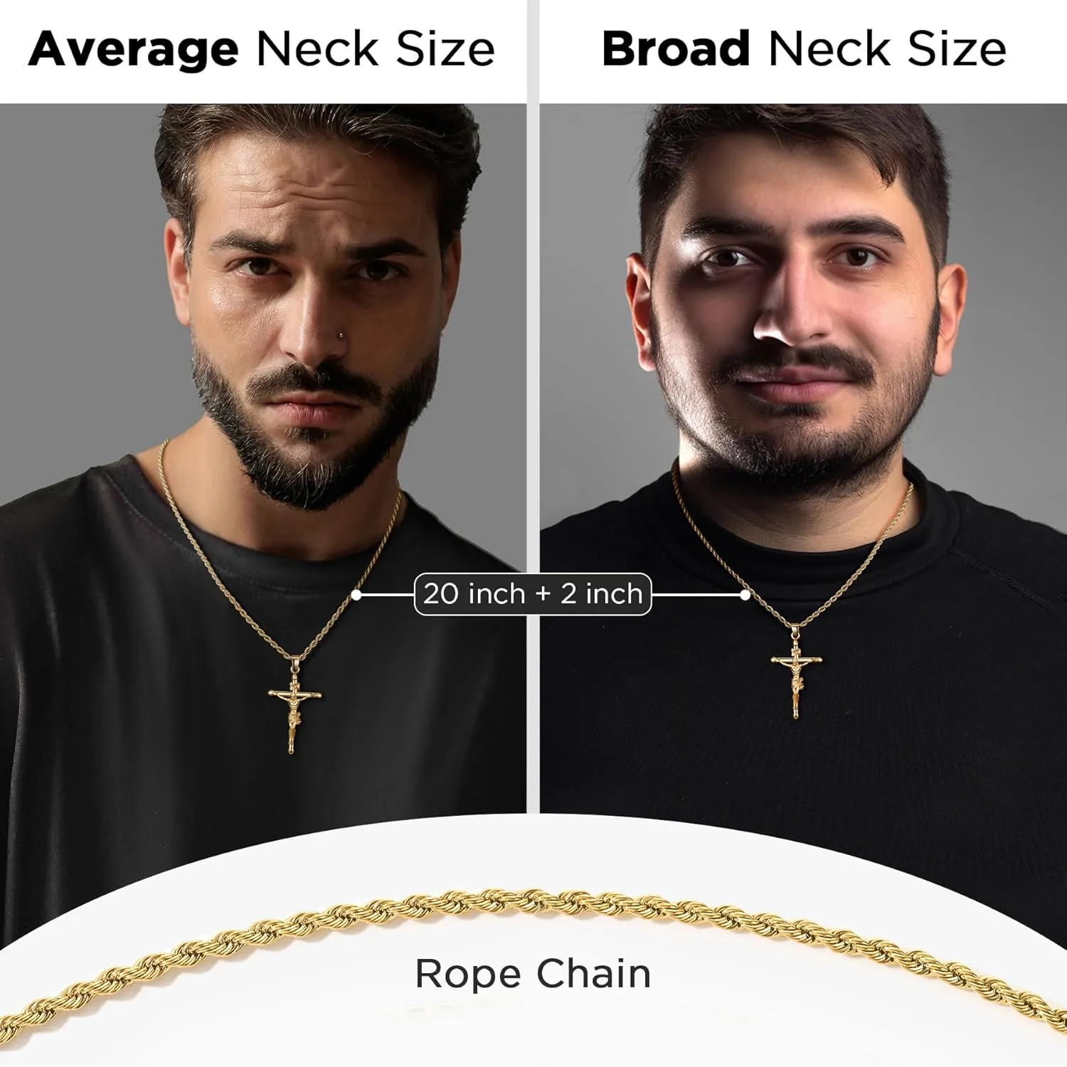 18K Gold over S925 Crucifix Necklace for Men with Rope/Cuban Chain, Catholic Jesus Cross Pendant, Men's Religious Gift for Easter Christmas