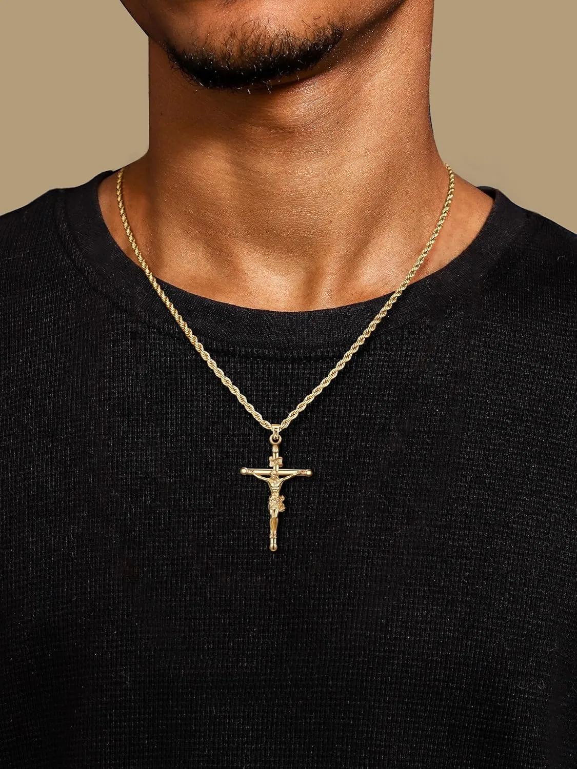 18K Gold over S925 Crucifix Necklace for Men with Rope/Cuban Chain, Catholic Jesus Cross Pendant, Men's Religious Gift for Easter Christmas