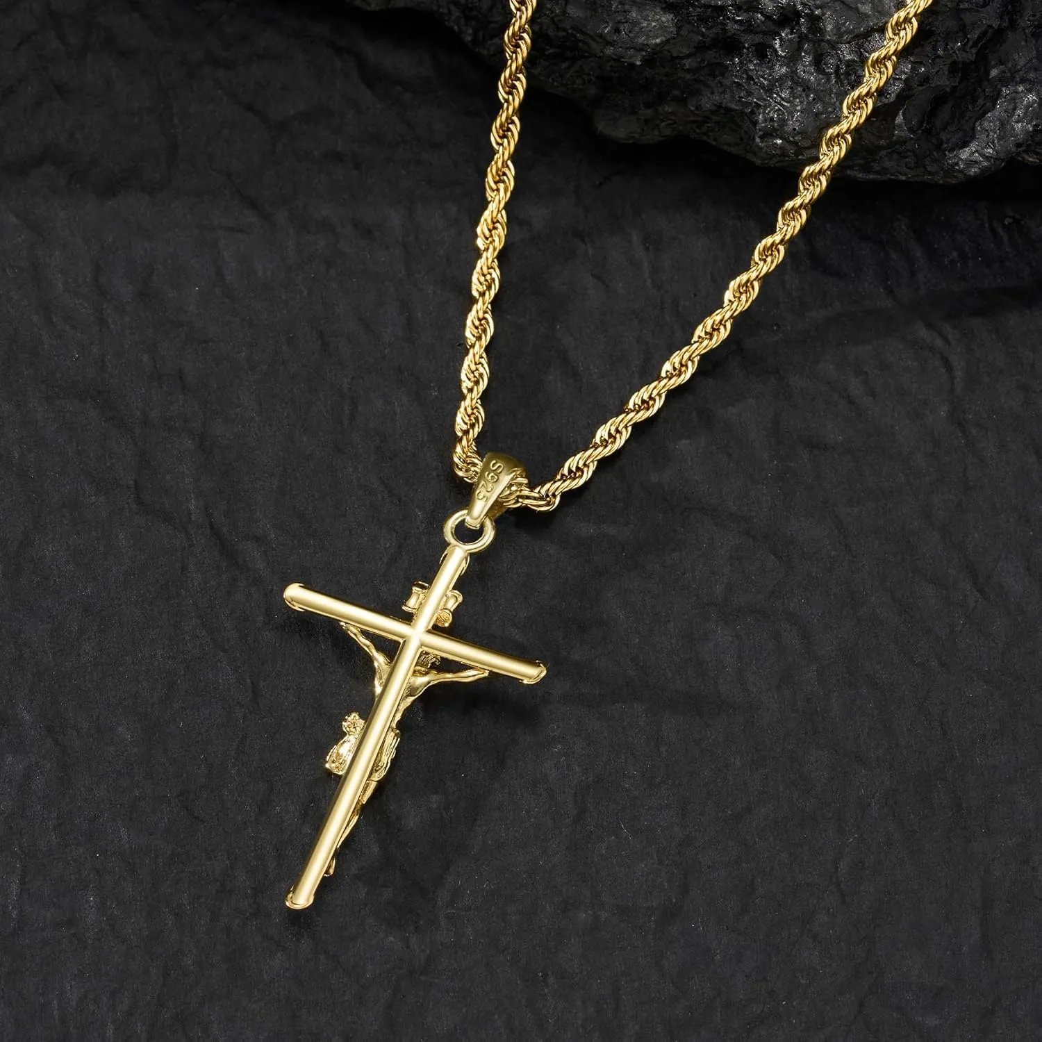 18K Gold over S925 Crucifix Necklace for Men with Rope/Cuban Chain, Catholic Jesus Cross Pendant, Men's Religious Gift for Easter Christmas