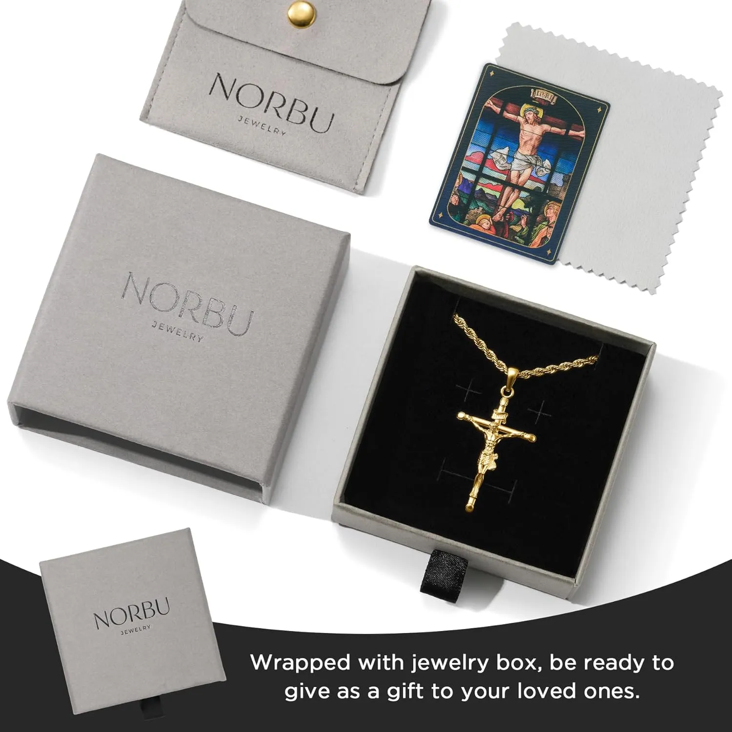 18K Gold over S925 Crucifix Necklace for Men with Rope/Cuban Chain, Catholic Jesus Cross Pendant, Men's Religious Gift for Easter Christmas