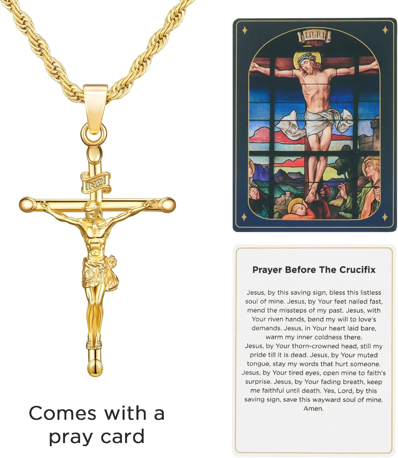 18K Gold over S925 Crucifix Necklace for Men with Rope/Cuban Chain, Catholic Jesus Cross Pendant, Men's Religious Gift for Easter Christmas