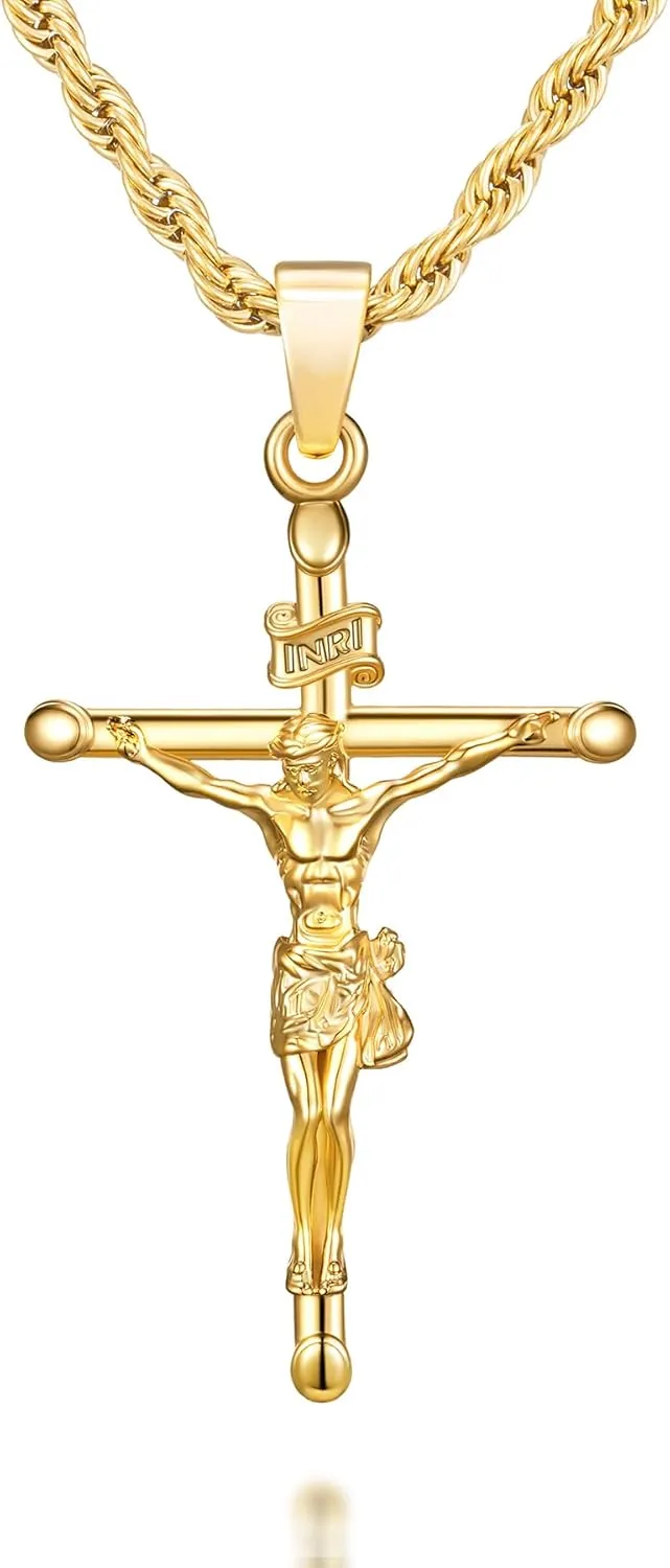 18K Gold over S925 Crucifix Necklace for Men with Rope/Cuban Chain, Catholic Jesus Cross Pendant, Men's Religious Gift for Easter Christmas