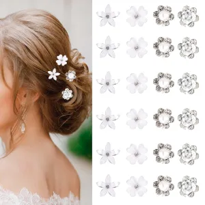 24Pcs Mini White Flower Hair Clips, Cute Rhinestone Floral Hair Clips Small Flower Pearl Hairpins Wedding Bridal Barrettes Accessories Decorative Hairpins for Women Gifts