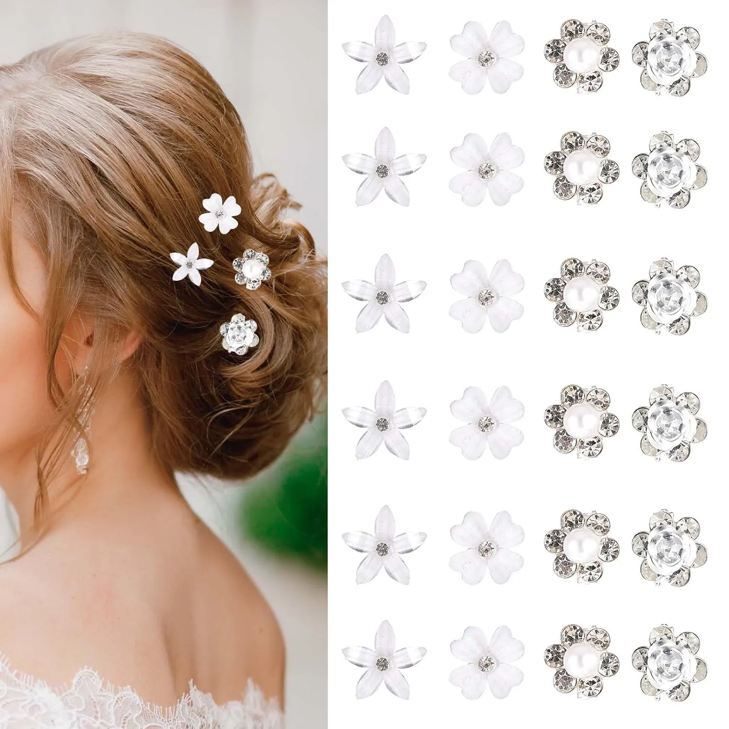 24Pcs Mini White Flower Hair Clips, Cute Rhinestone Floral Hair Clips Small Flower Pearl Hairpins Wedding Bridal Barrettes Accessories Decorative Hairpins for Women Gifts