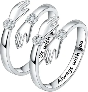 2Pcs Always with You 925 Silver Hug Ring for Women Teen Girls, Adjustable Ring Jewelry Promise Ring, Best Birthday Gift Christmas Gift