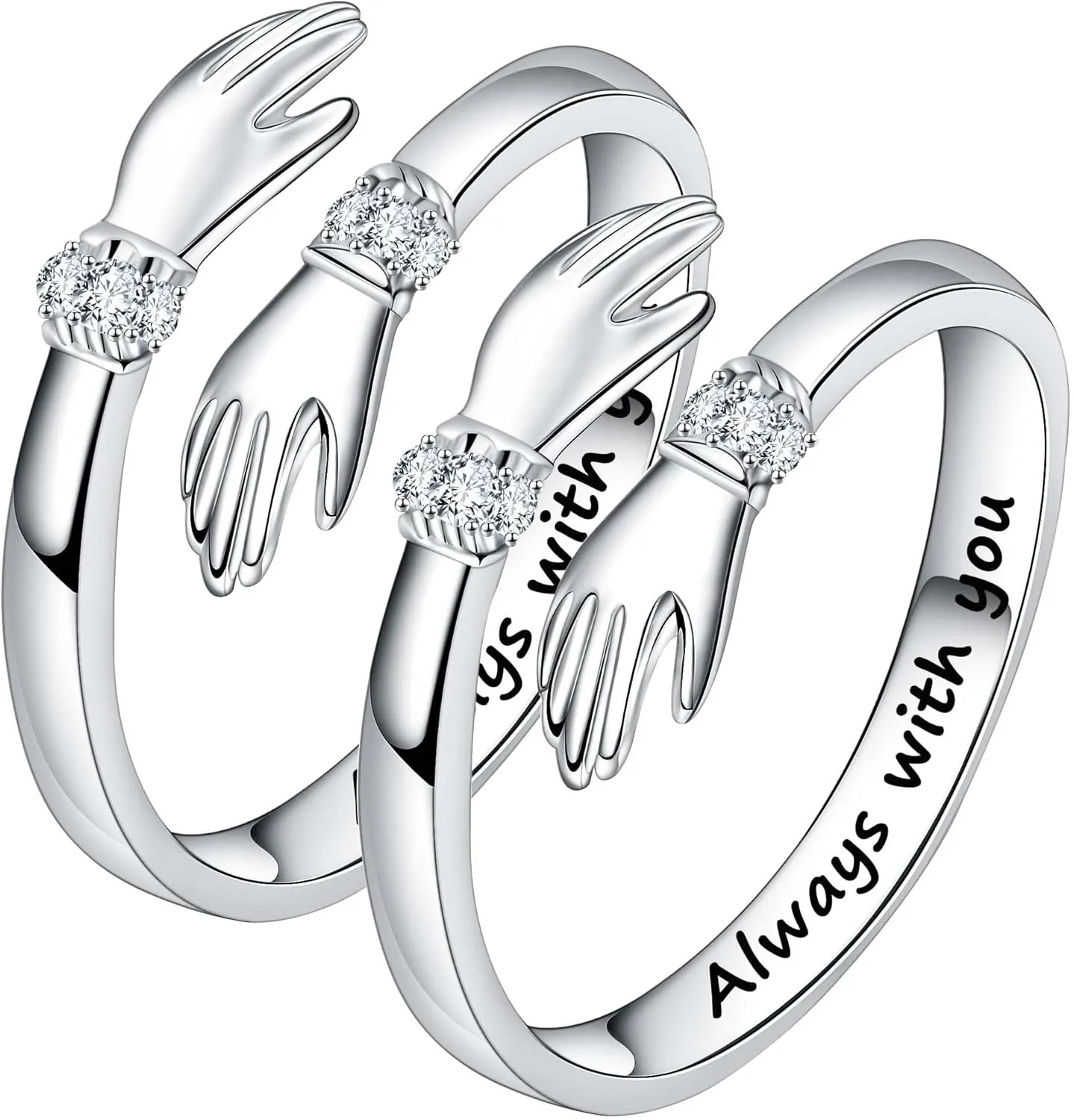 2Pcs Always with You 925 Silver Hug Ring for Women Teen Girls, Adjustable Ring Jewelry Promise Ring, Best Birthday Gift Christmas Gift