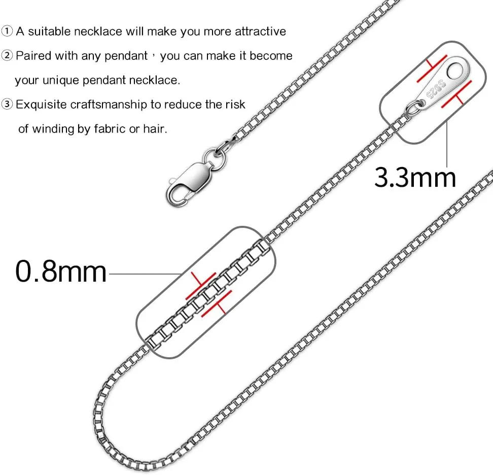 925 Sterling Silver Chain Necklace for Women 0.8mm Box Chain, Italian Necklace Chain, Super Strong & Thin & Long16/18/20/22/24 Inches