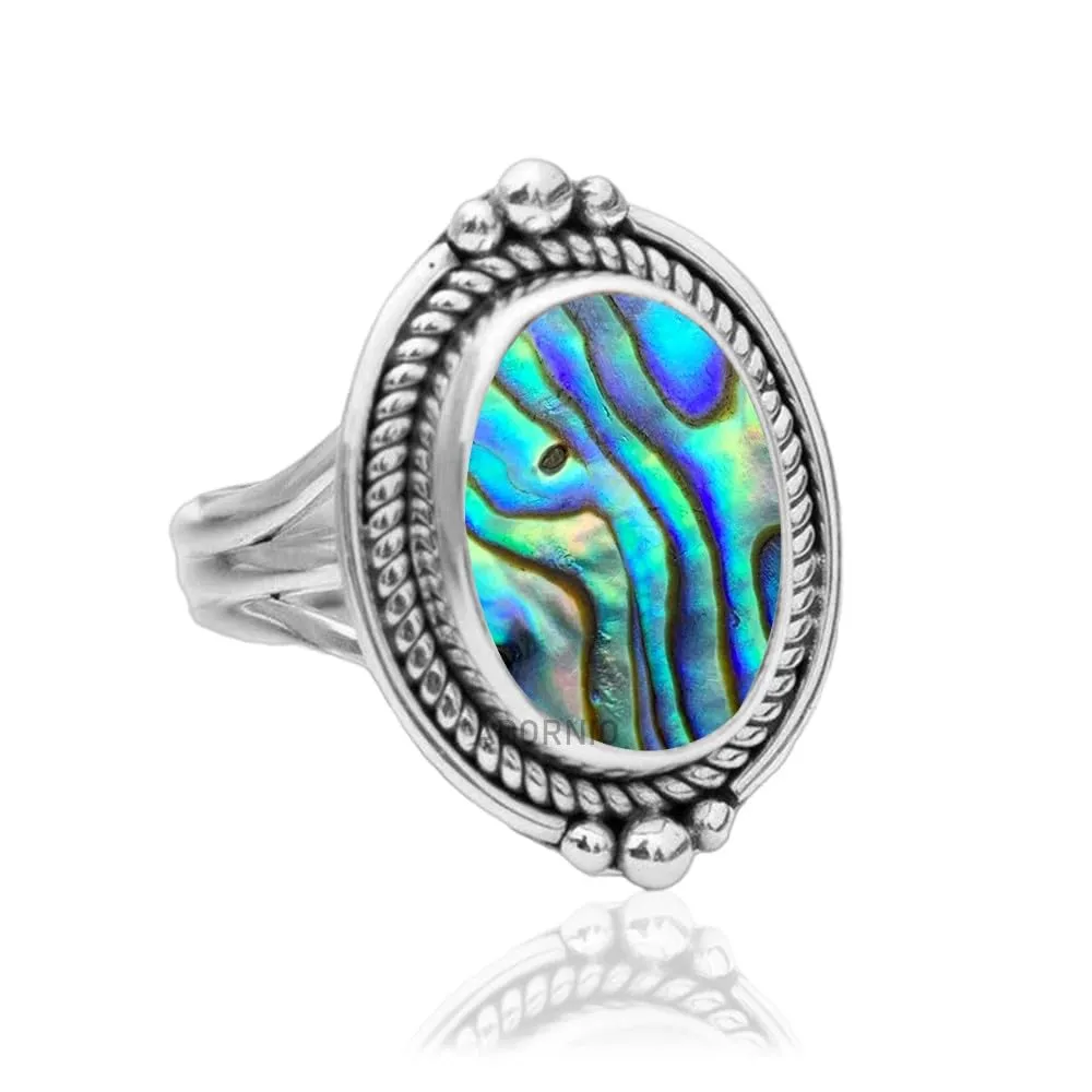 925 Sterling Silver Ring For Womens Natural Abalone Shell Ring Sterling Silver Bohemian Ring Bezel Set Gemstone Bohemian Ring