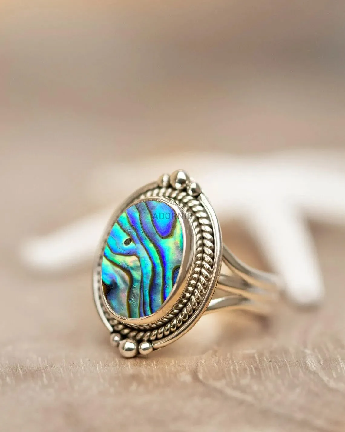 925 Sterling Silver Ring For Womens Natural Abalone Shell Ring Sterling Silver Bohemian Ring Bezel Set Gemstone Bohemian Ring