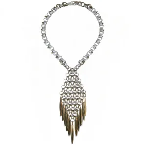 #975n Silver & Gold Tone Chain Mail Pendant Necklace With Spike Fringe