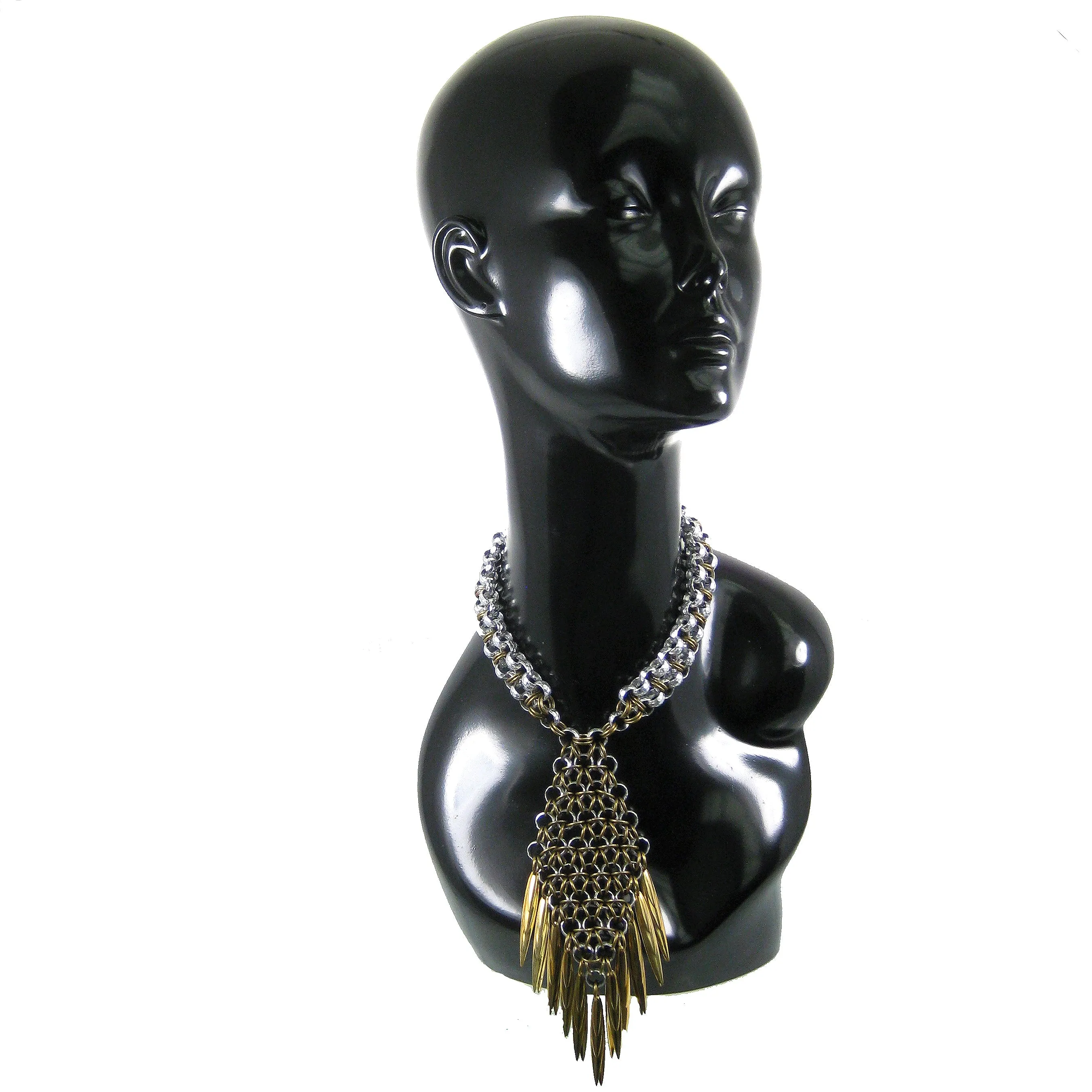 #975n Silver & Gold Tone Chain Mail Pendant Necklace With Spike Fringe