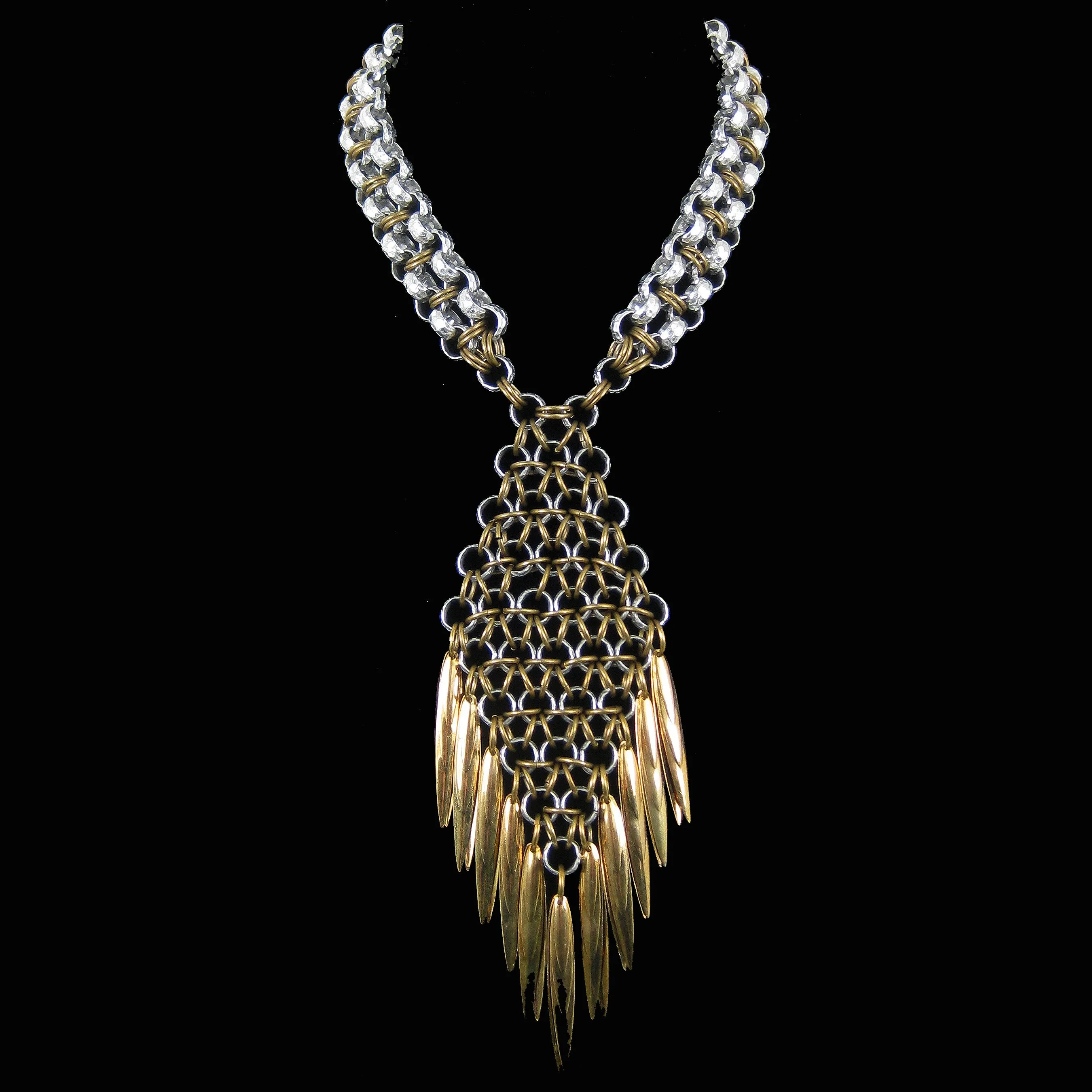 #975n Silver & Gold Tone Chain Mail Pendant Necklace With Spike Fringe