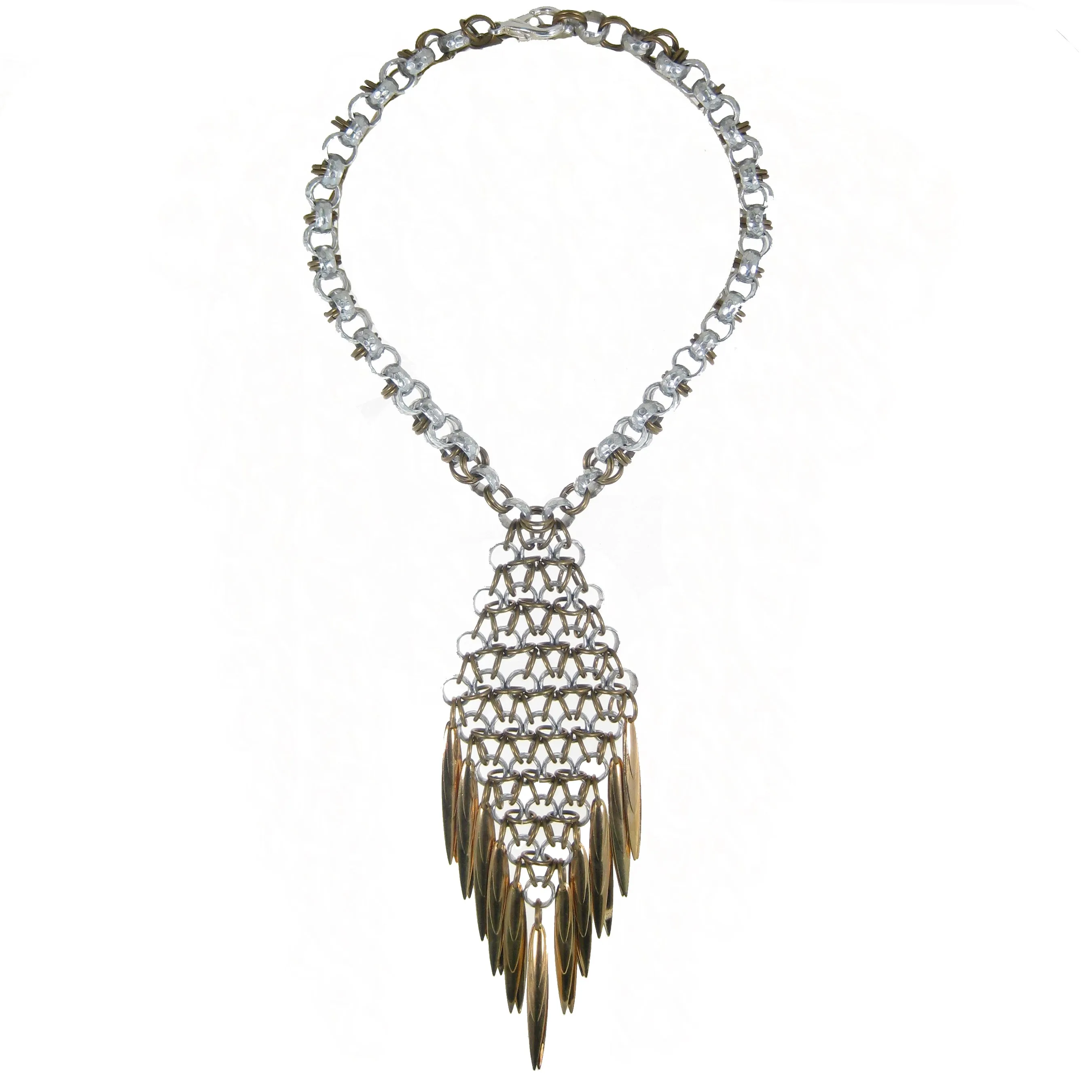 #975n Silver & Gold Tone Chain Mail Pendant Necklace With Spike Fringe