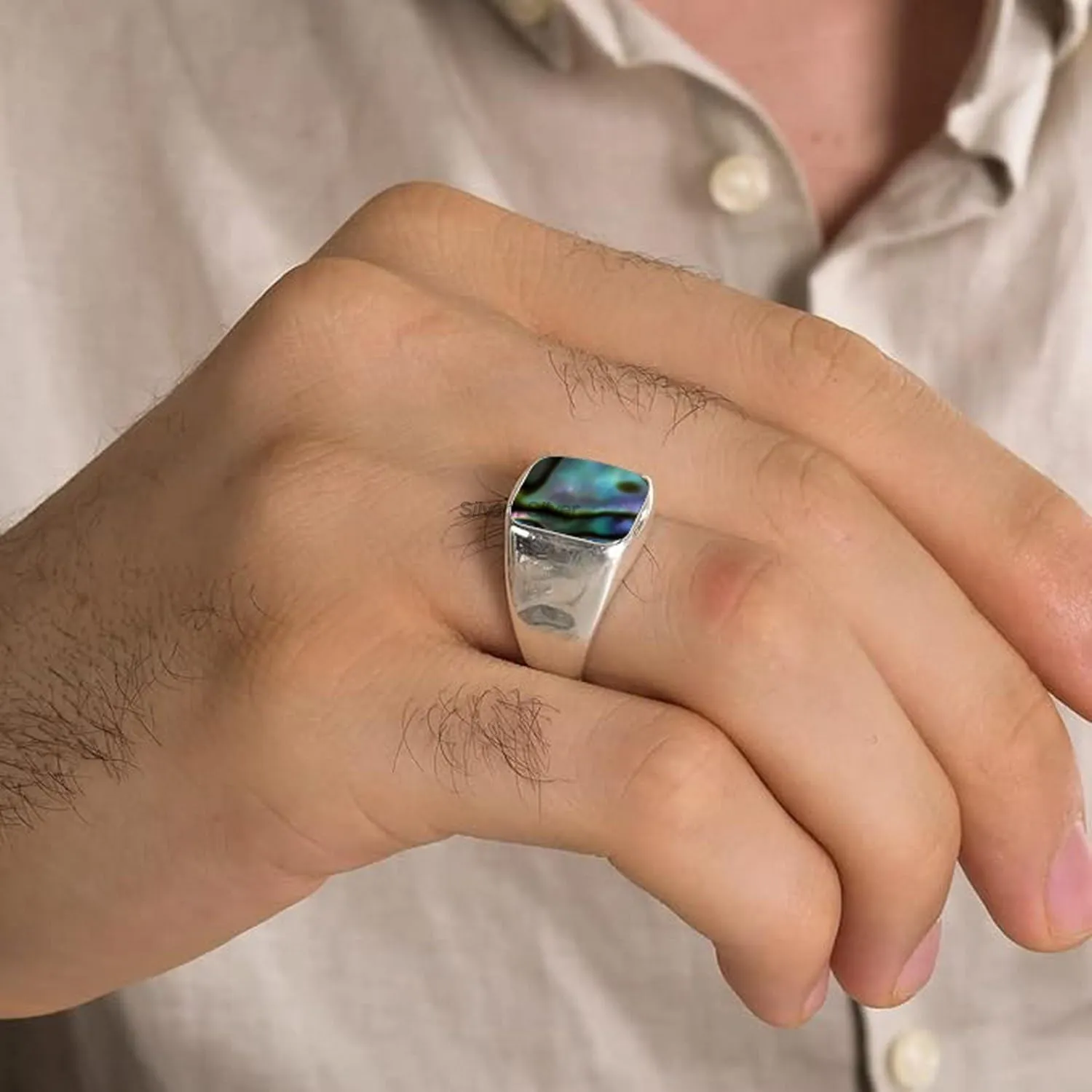 Abalone Shell Solid 925 Sterling Silver Cushion Shape Gemstone Men Signet Ring, Beautiful Handcrafted Christmas Gift for Fathers, Son, Boyfriend, Friend (US Ring size 11)