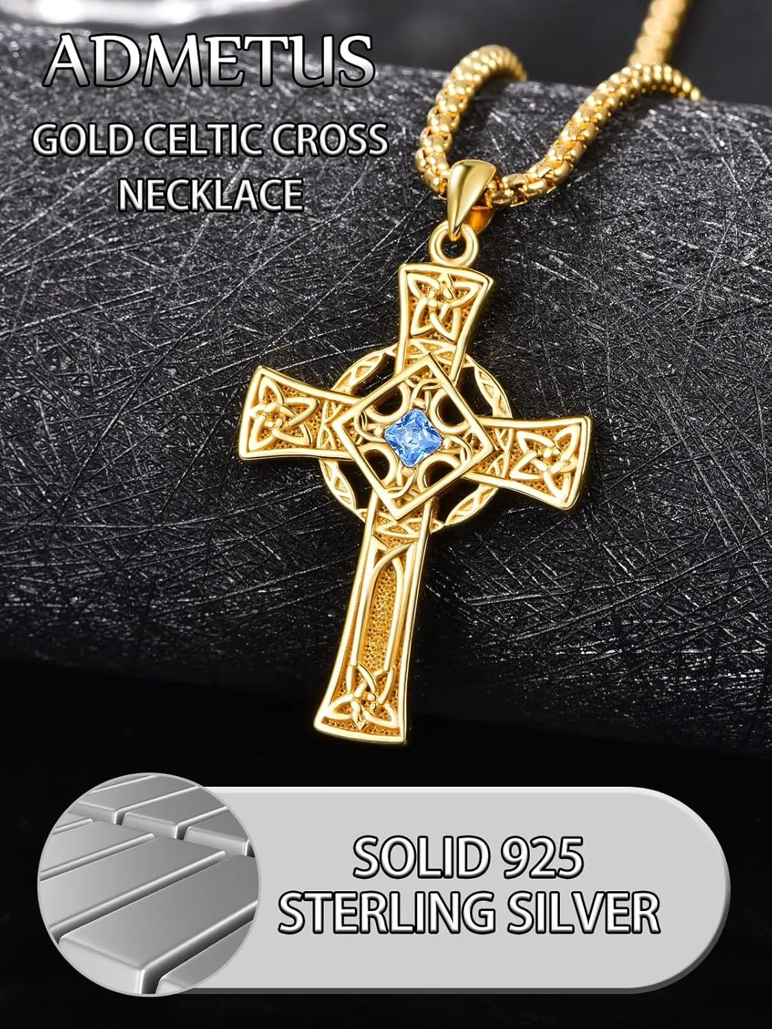 ADMETUS Birthstone Cross Necklace 925 Sterling Silver Celtic Cross Necklace for Men January-December Irish Jewelry Birthstone Gifts for Men with 2.5mm 22" 2" Rolo Chain
