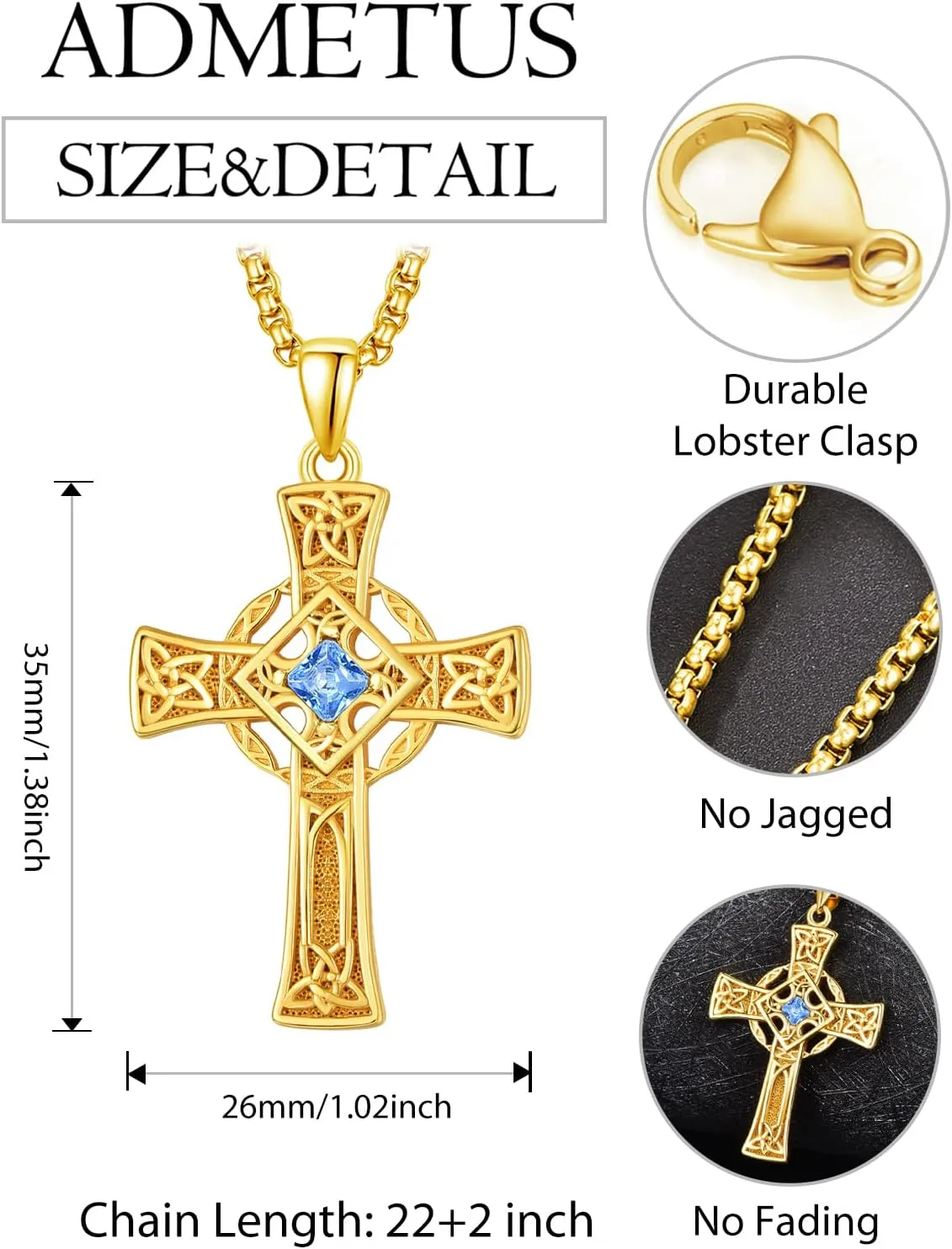 ADMETUS Birthstone Cross Necklace 925 Sterling Silver Celtic Cross Necklace for Men January-December Irish Jewelry Birthstone Gifts for Men with 2.5mm 22" 2" Rolo Chain