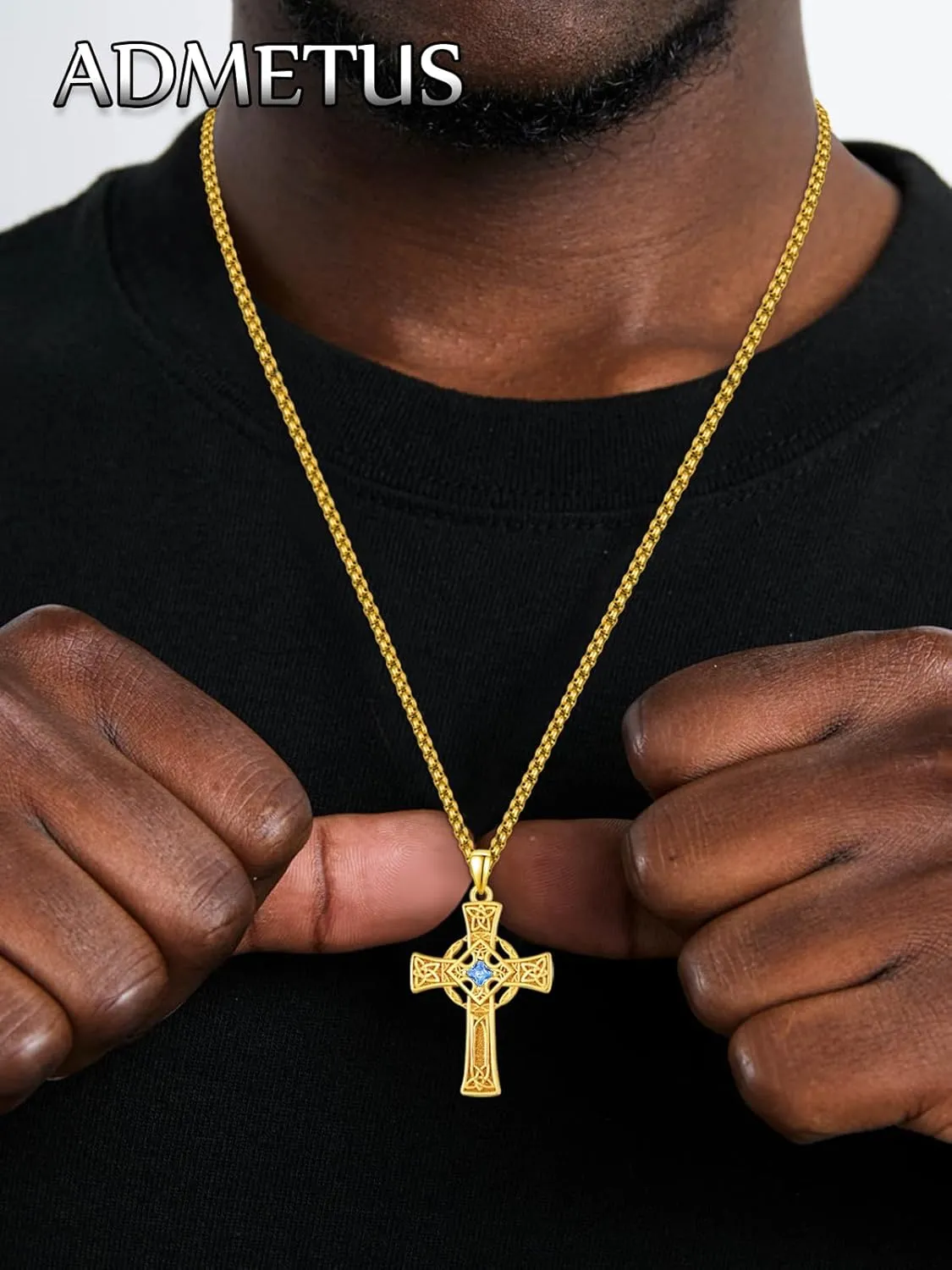 ADMETUS Birthstone Cross Necklace 925 Sterling Silver Celtic Cross Necklace for Men January-December Irish Jewelry Birthstone Gifts for Men with 2.5mm 22" 2" Rolo Chain