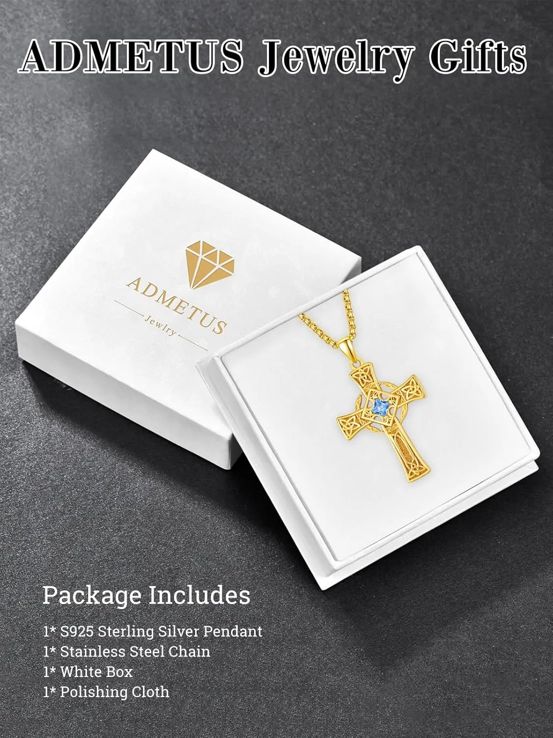 ADMETUS Birthstone Cross Necklace 925 Sterling Silver Celtic Cross Necklace for Men January-December Irish Jewelry Birthstone Gifts for Men with 2.5mm 22" 2" Rolo Chain