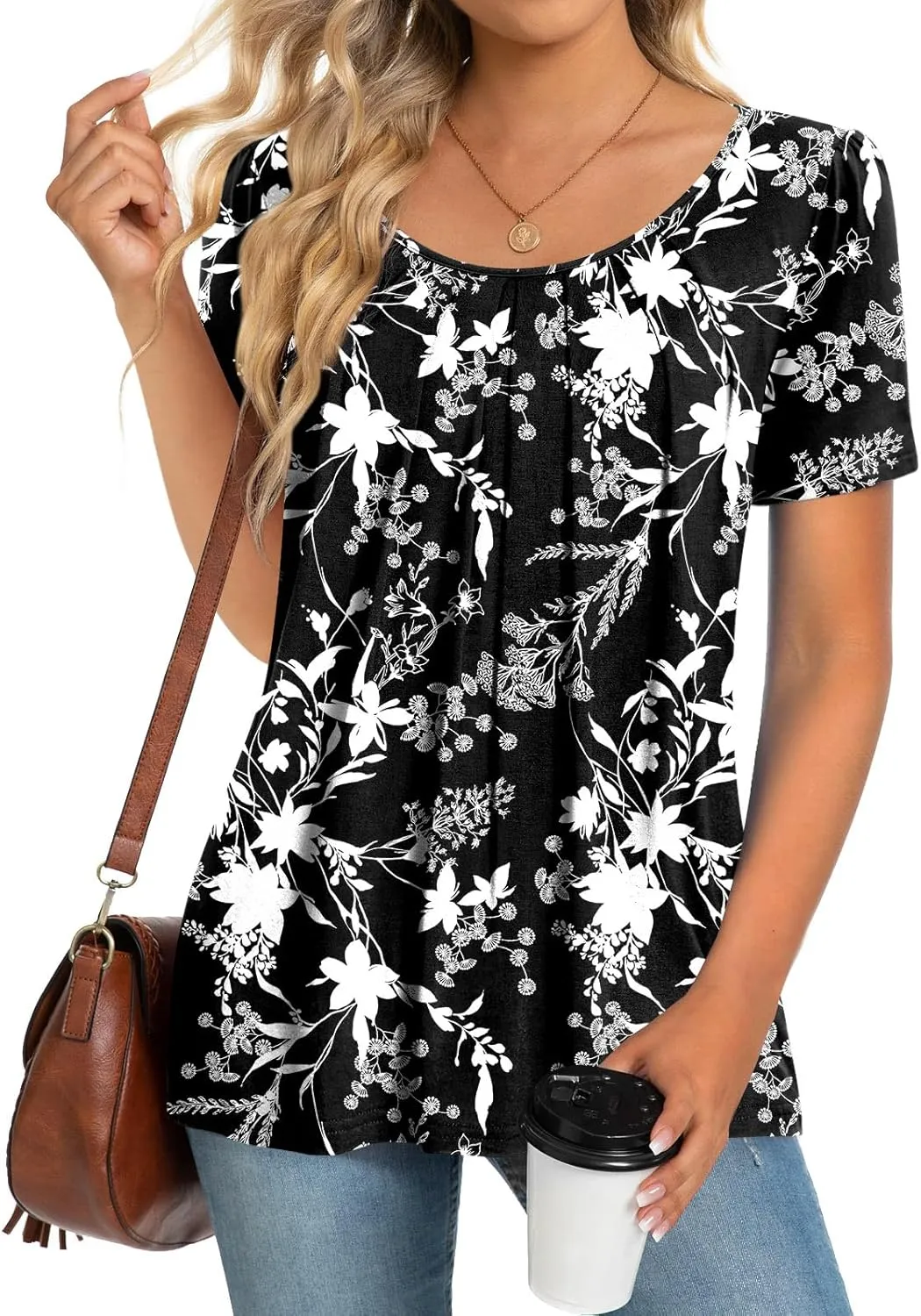 Anymeet Womens Summer Tops Casual Shirts Pleated Tunic M-3XL
