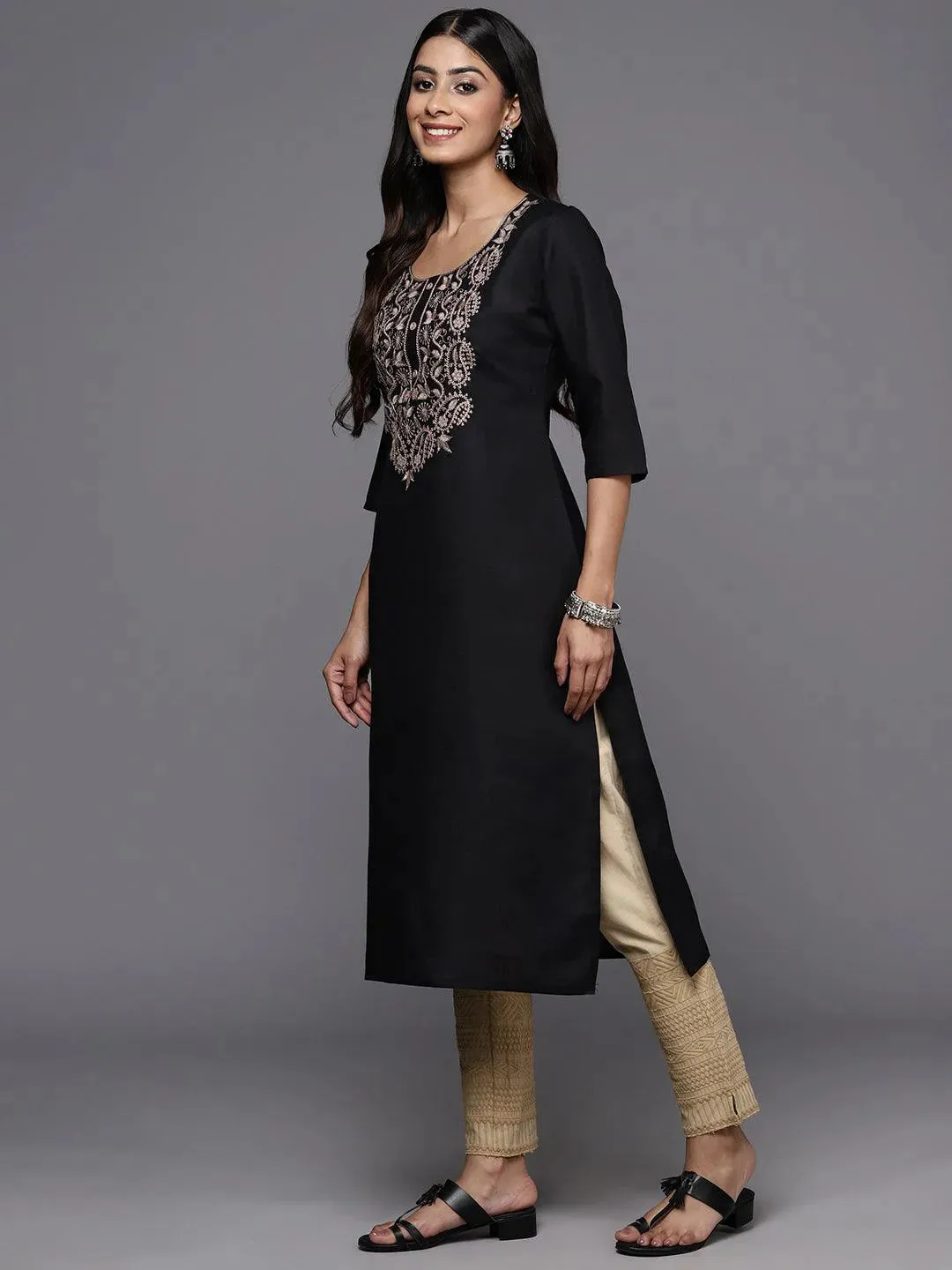 Black Yoke Design Cotton Straight Kurta