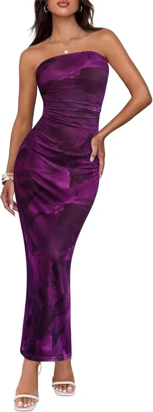 BTFBM Women's Floral Maxi Dresses Summer 2025 Strapless Tube Bodycon Mesh Layered Cocktail Party Wedding Guest Dress