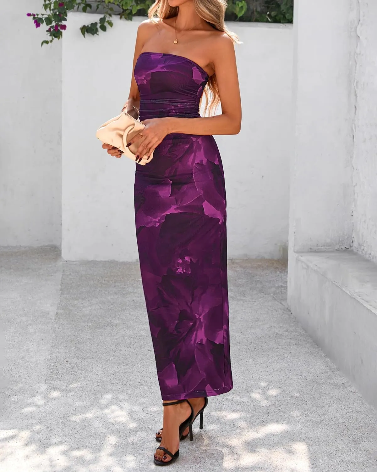 BTFBM Women's Floral Maxi Dresses Summer 2025 Strapless Tube Bodycon Mesh Layered Cocktail Party Wedding Guest Dress