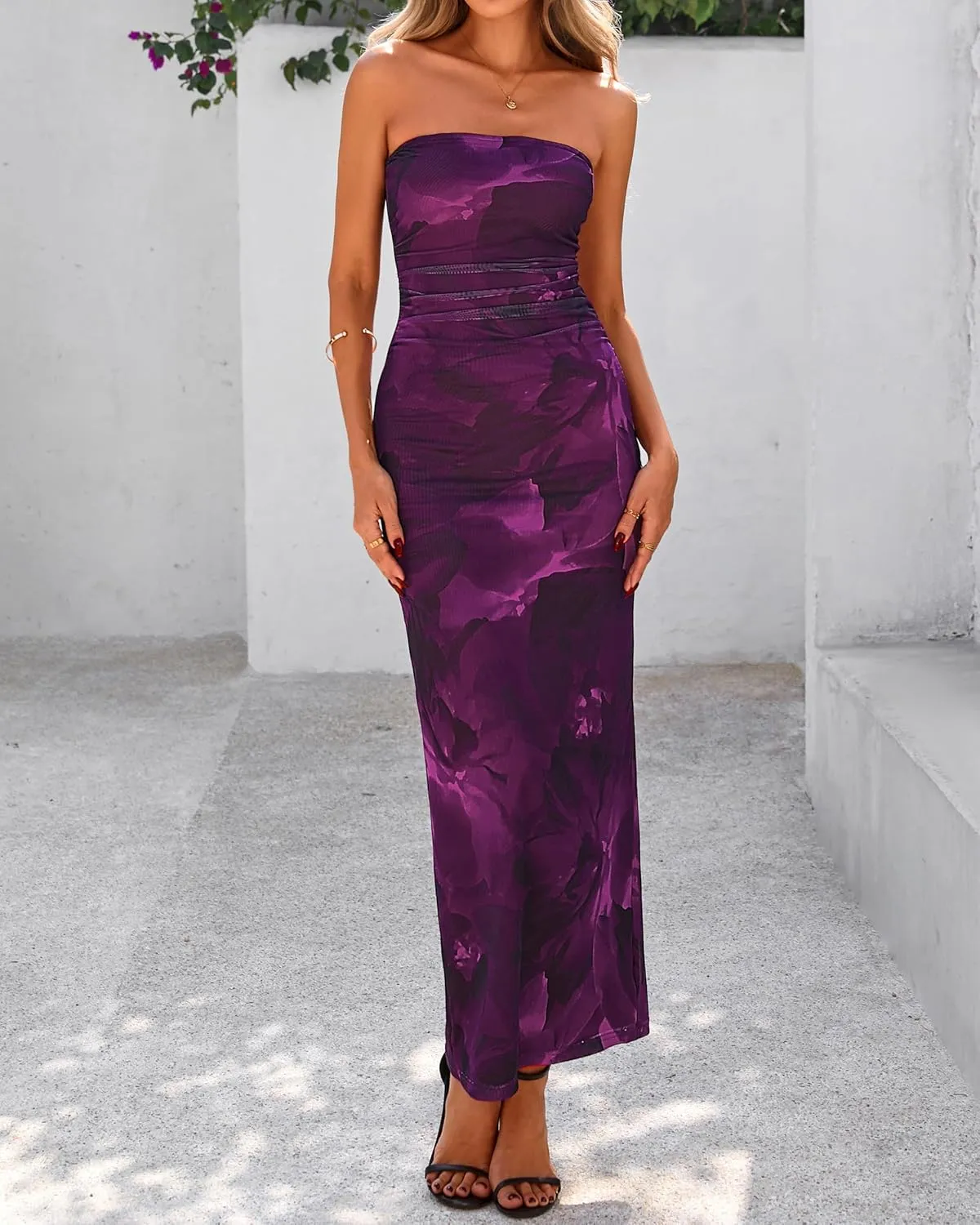 BTFBM Women's Floral Maxi Dresses Summer 2025 Strapless Tube Bodycon Mesh Layered Cocktail Party Wedding Guest Dress