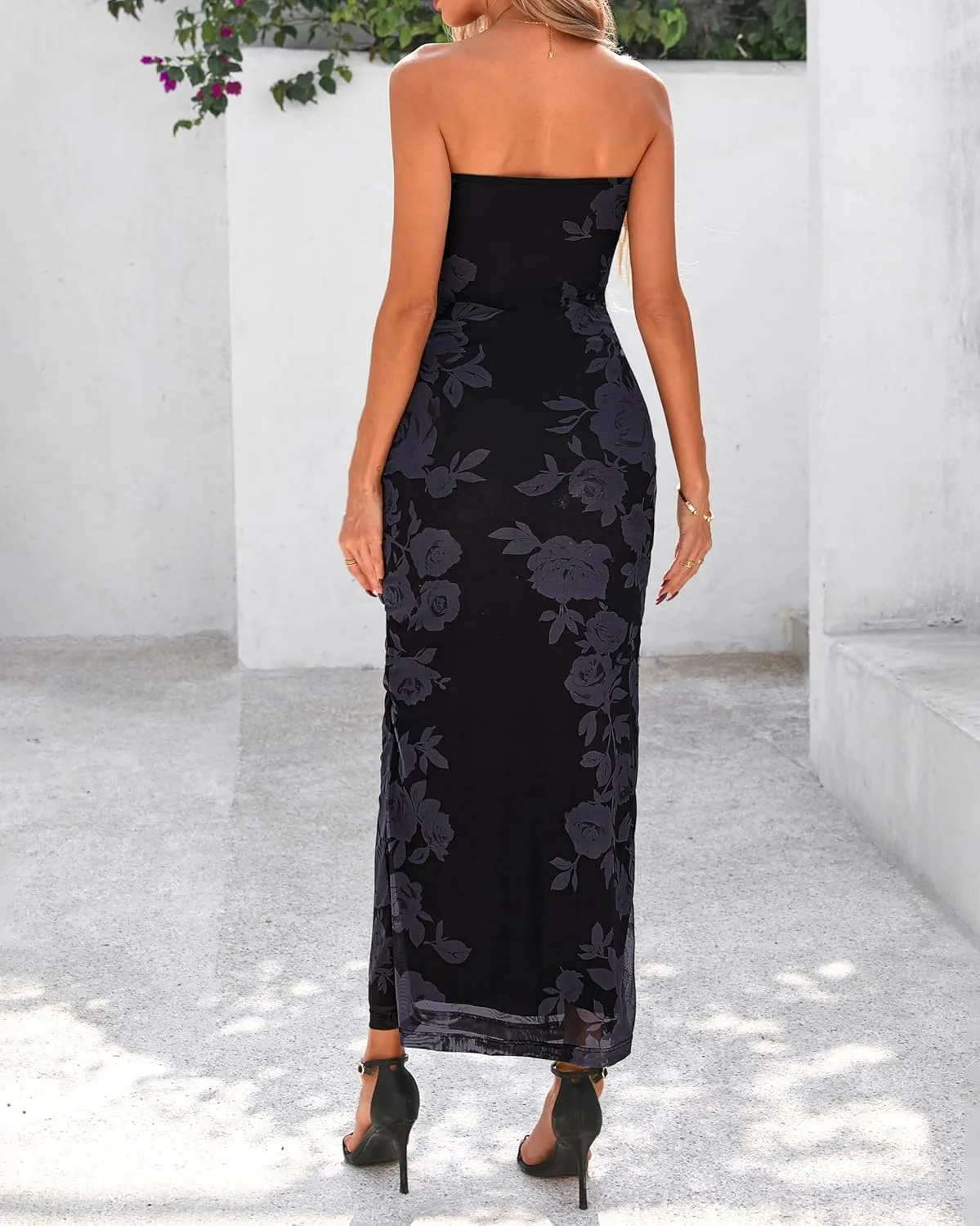 BTFBM Women's Floral Maxi Dresses Summer 2025 Strapless Tube Bodycon Mesh Layered Cocktail Party Wedding Guest Dress