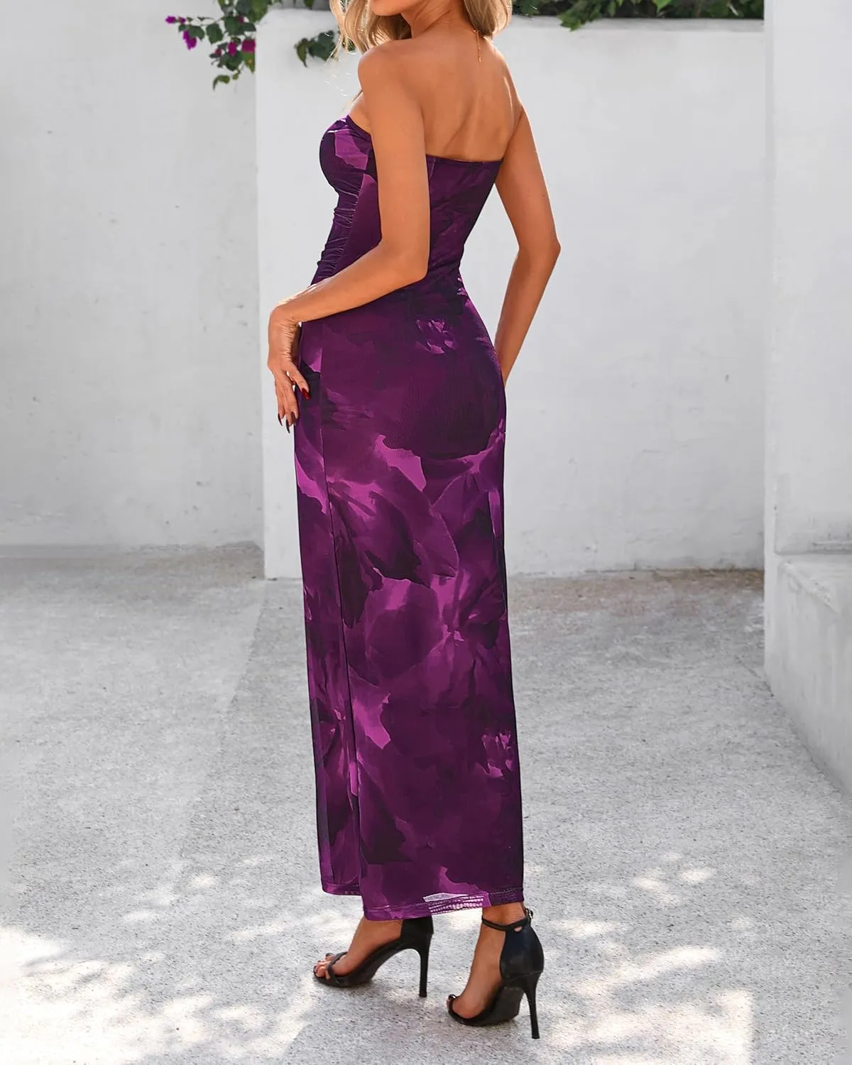 BTFBM Women's Floral Maxi Dresses Summer 2025 Strapless Tube Bodycon Mesh Layered Cocktail Party Wedding Guest Dress