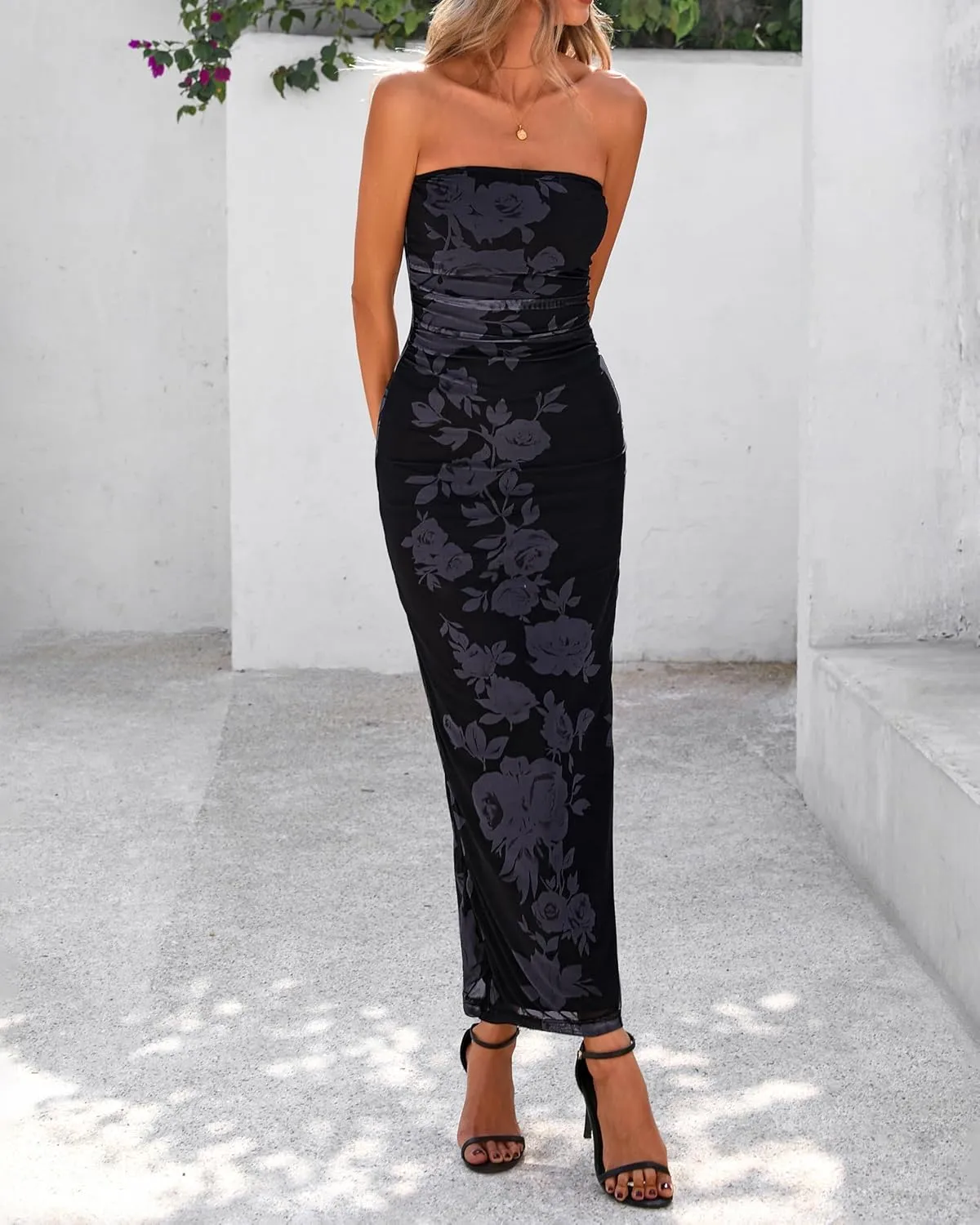BTFBM Women's Floral Maxi Dresses Summer 2025 Strapless Tube Bodycon Mesh Layered Cocktail Party Wedding Guest Dress