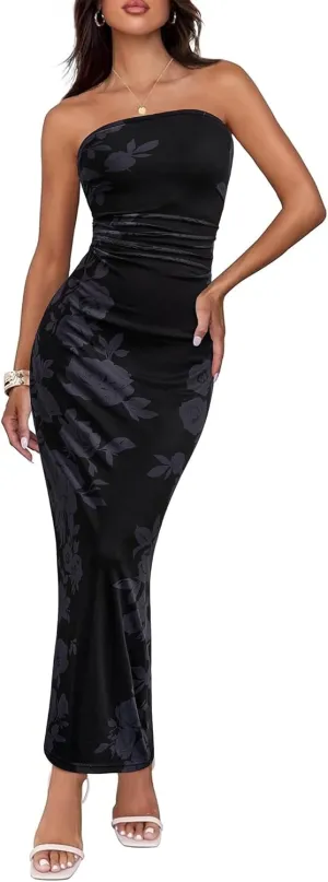 BTFBM Women's Floral Maxi Dresses Summer 2025 Strapless Tube Bodycon Mesh Layered Cocktail Party Wedding Guest Dress