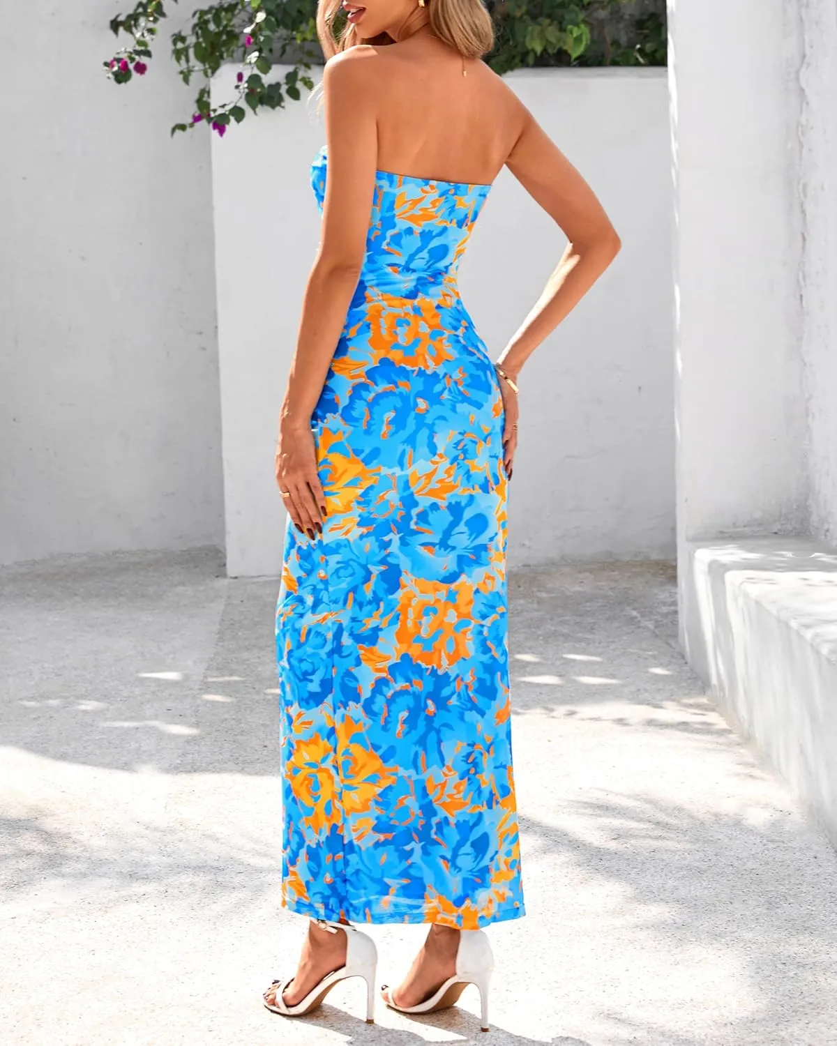 BTFBM Women's Floral Maxi Dresses Summer 2025 Strapless Tube Bodycon Mesh Layered Cocktail Party Wedding Guest Dress