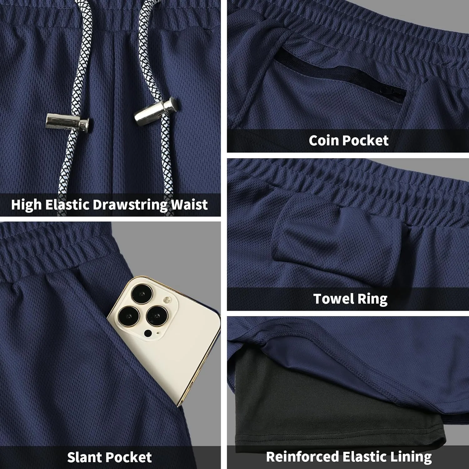 candyfouse Men's 2 in 1 Running Shorts, Quick Dry Workout Shorts with Liner, Athletic Shorts with Zip Pockets and Towel Loop