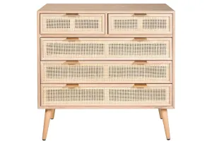Cassettiera stile vintage con frontali in Rattan e struttura in legno 5 cassetti