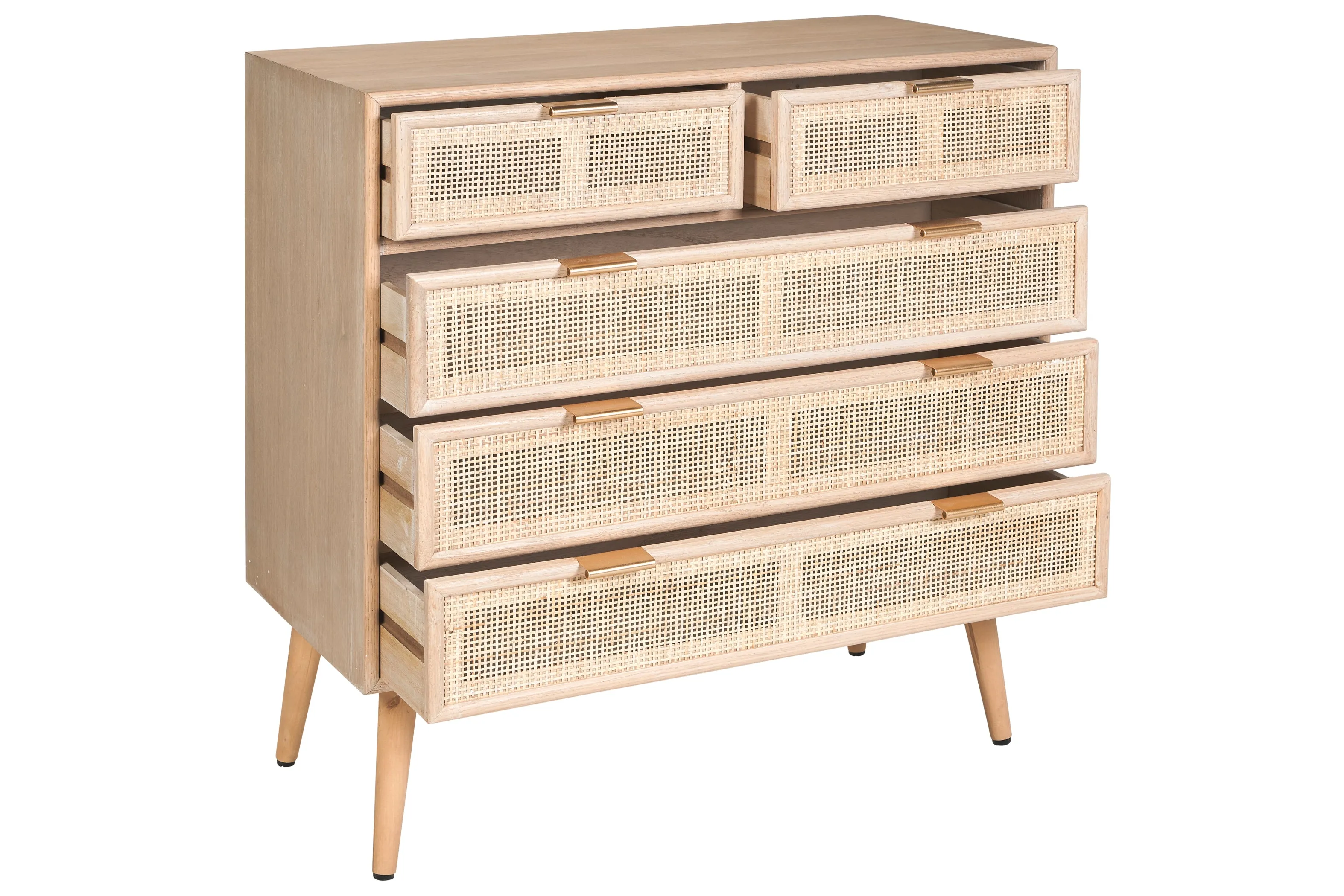 Cassettiera stile vintage con frontali in Rattan e struttura in legno 5 cassetti