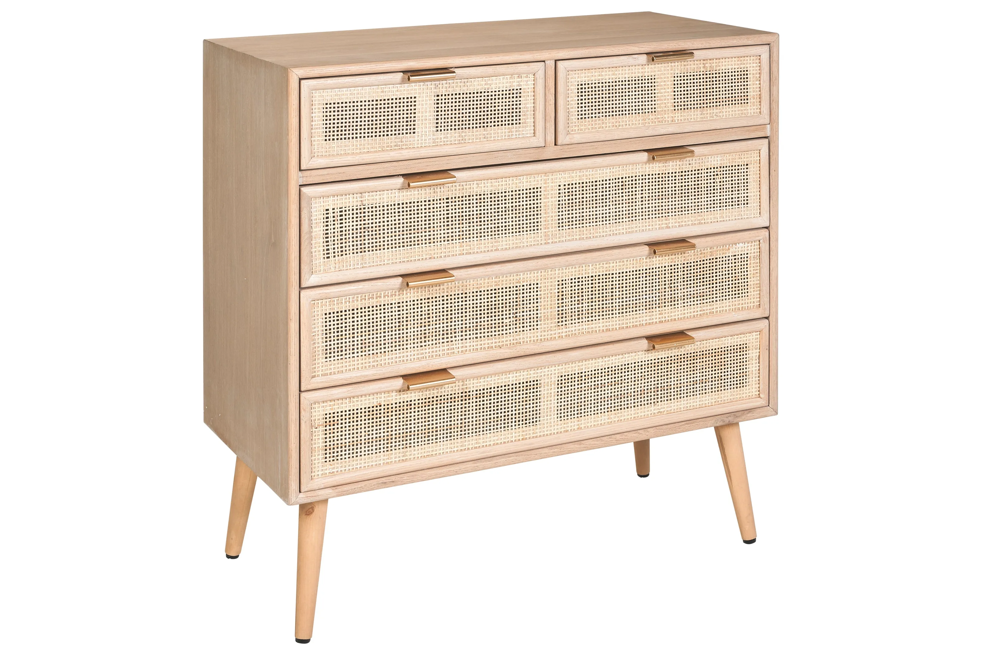 Cassettiera stile vintage con frontali in Rattan e struttura in legno 5 cassetti