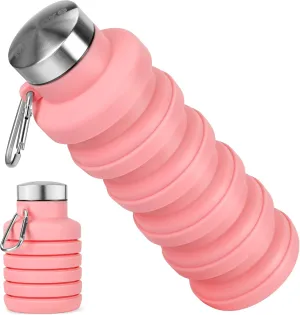 Collapsible Water Bottle, 16oz Silicone Foldable Water Bottles Leakproof BPA Free Travel Water Bottles with Carabiner for Gym Camping Hiking(Pink)