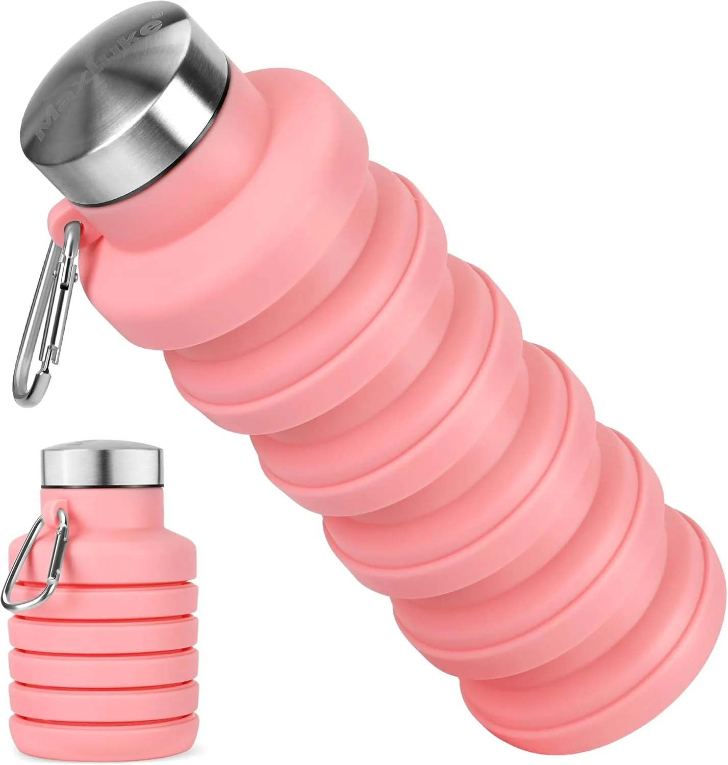 Collapsible Water Bottle, 16oz Silicone Foldable Water Bottles Leakproof BPA Free Travel Water Bottles with Carabiner for Gym Camping Hiking(Pink)