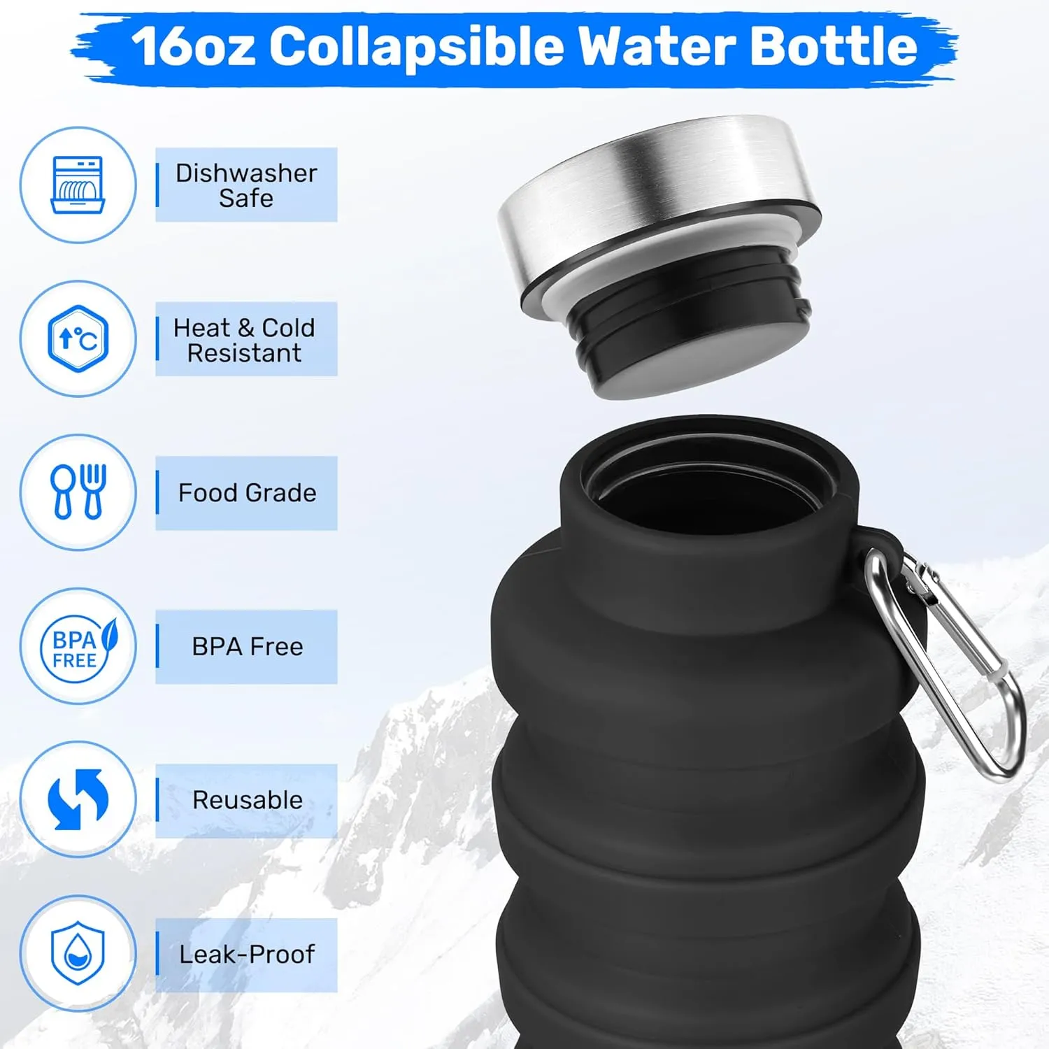 Collapsible Water Bottle, 16oz Silicone Foldable Water Bottles Leakproof BPA Free Travel Water Bottles with Carabiner for Gym Camping Hiking(Pink)