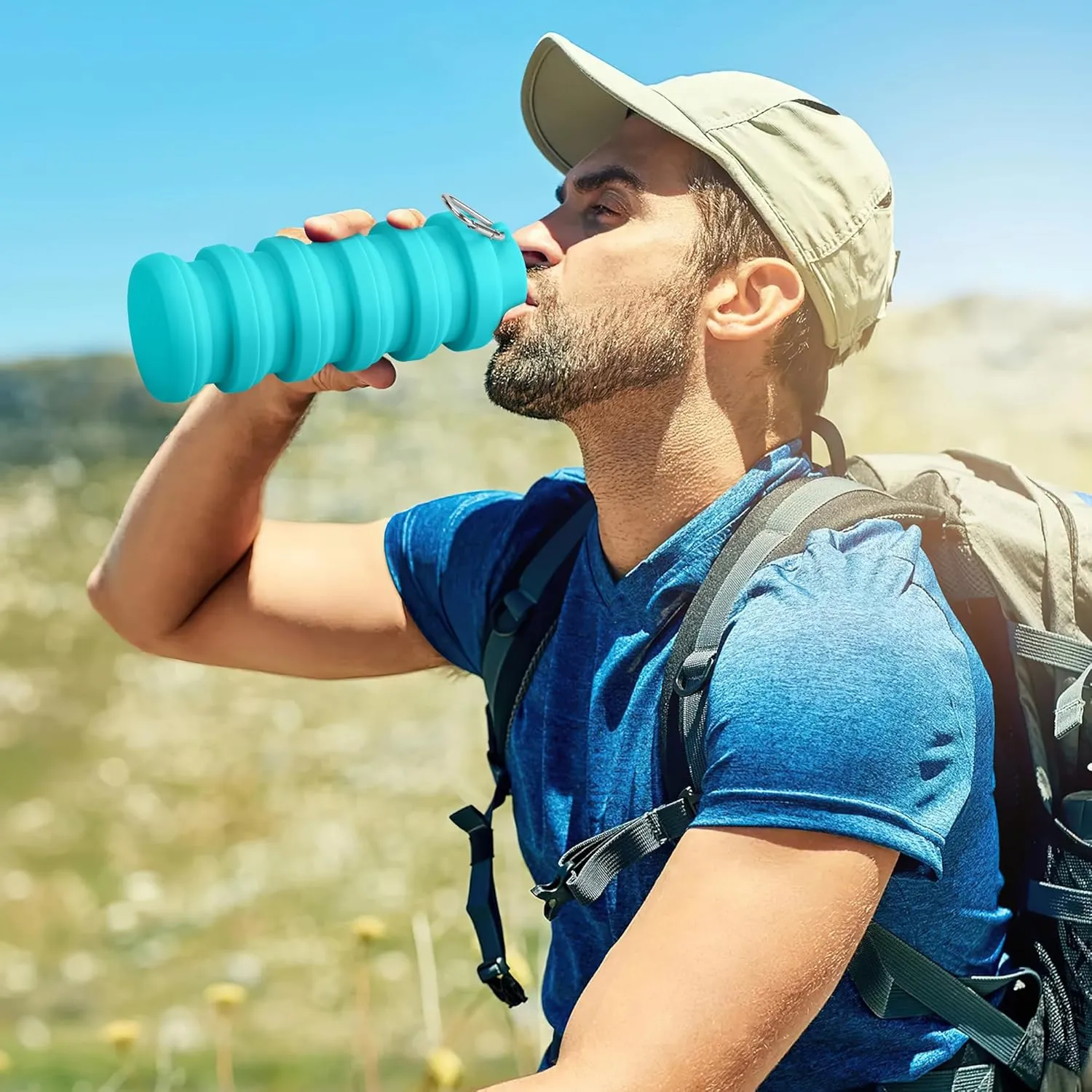 Collapsible Water Bottle, 16oz Silicone Foldable Water Bottles Leakproof BPA Free Travel Water Bottles with Carabiner for Gym Camping Hiking(Pink)