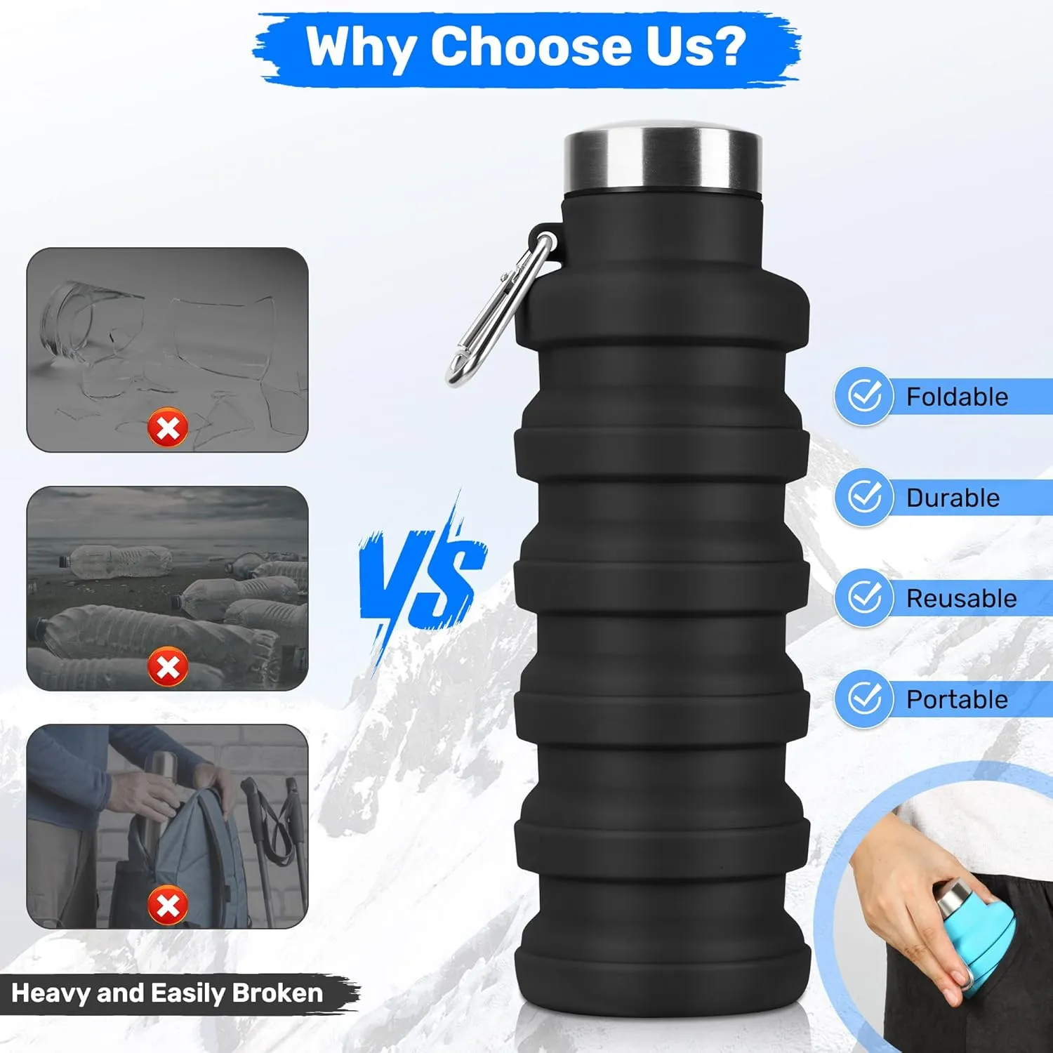 Collapsible Water Bottle, 16oz Silicone Foldable Water Bottles Leakproof BPA Free Travel Water Bottles with Carabiner for Gym Camping Hiking(Pink)
