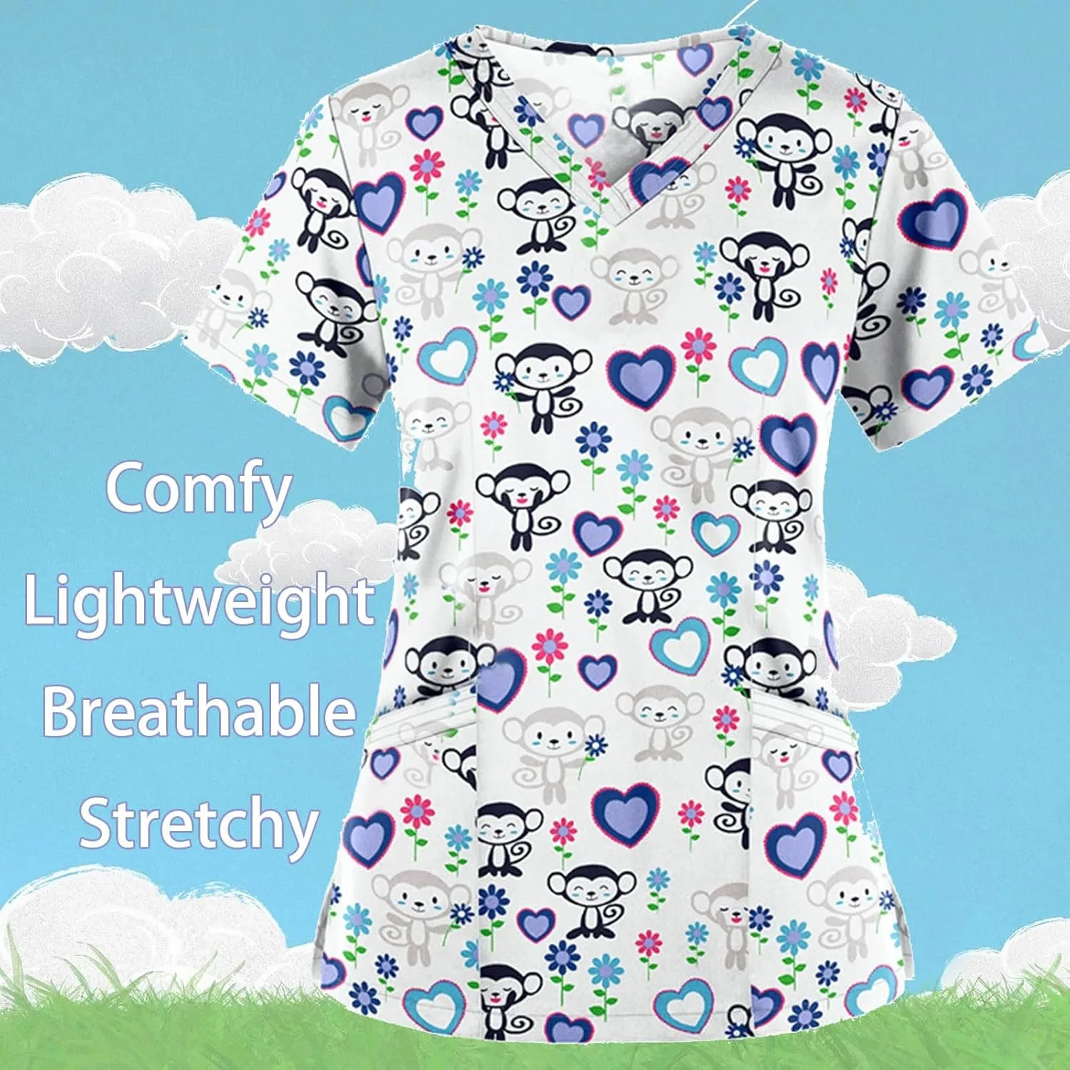 Cozy Fit Plus Size Scrub Shirts Medical Uniforms Tops Print Scrubs for Women Nurse Vet Pediatric with Design