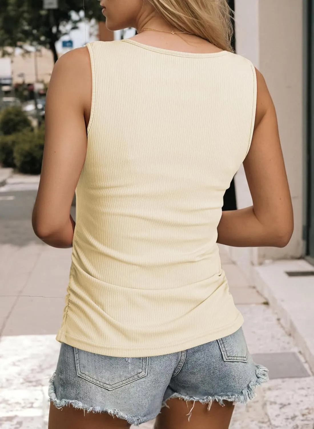 Dokotoo Tank Top with Built in Bra for Women Casual Summer Sleeveless Tops Slim Fitted V Neck Ruched Cami Shirts