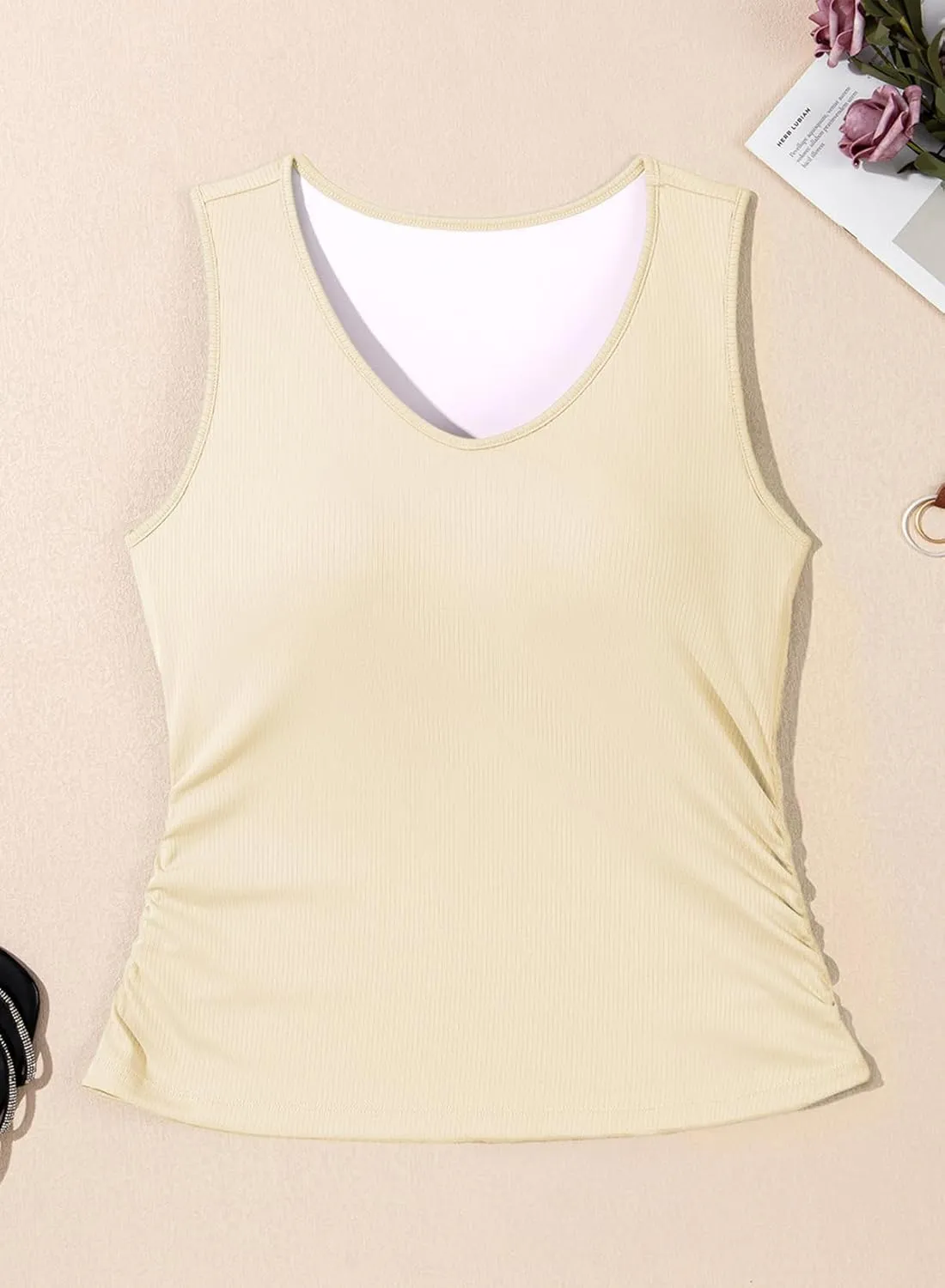 Dokotoo Tank Top with Built in Bra for Women Casual Summer Sleeveless Tops Slim Fitted V Neck Ruched Cami Shirts