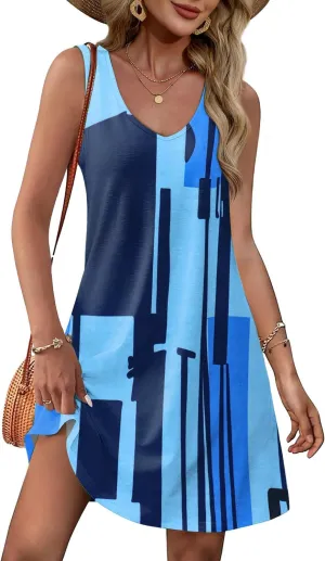 ETCYY NEW Womens Summer Dresses Loose V Neck Sleeveless Sundresses Beach Swimsuit Coverup Dress with Pockets
