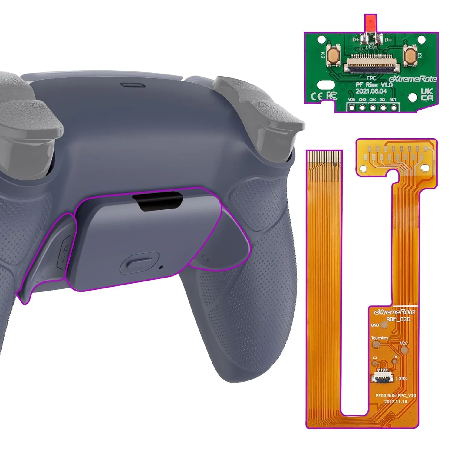 eXtremeRate Sterling Silver Rubberized Grip Programable Rise Remap Kit for PS5 Controller BDM-030 040 050 Models, Upgrade Board & Redesigned Back Shell & Back Buttons for PS5 Controller