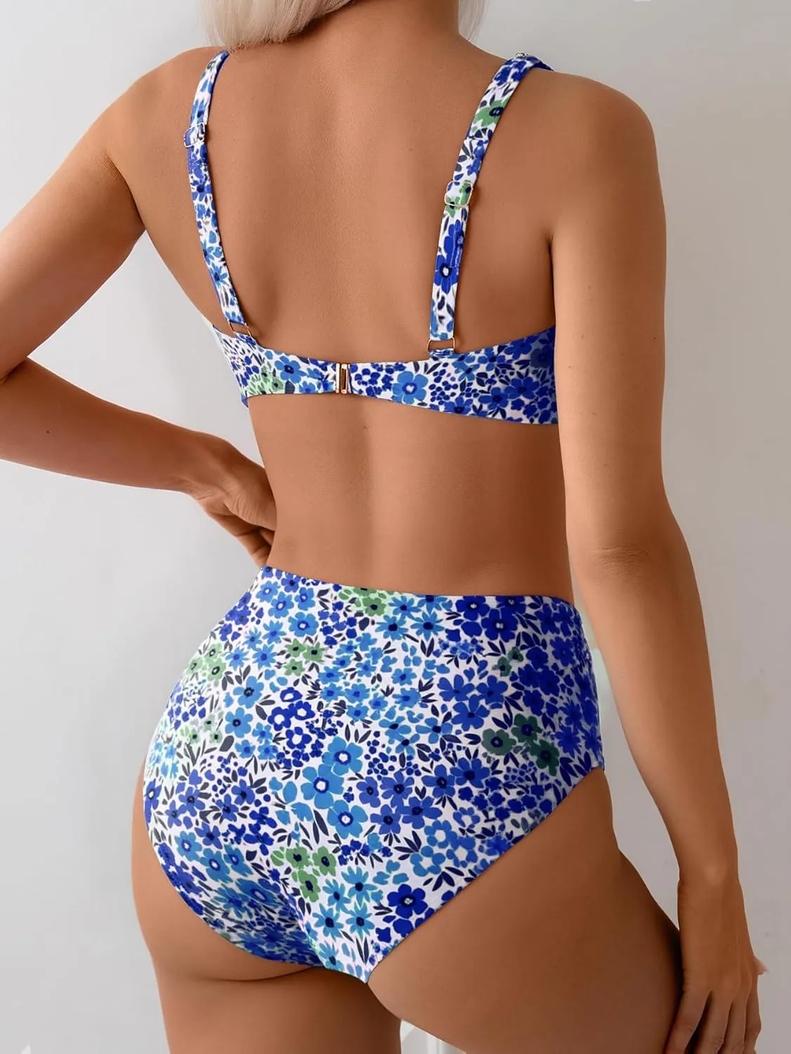 Fanuerg Women's High Waisted Bikini Sets Wide Straps Two Piece Swimsuit Floral Print Bathing Suits